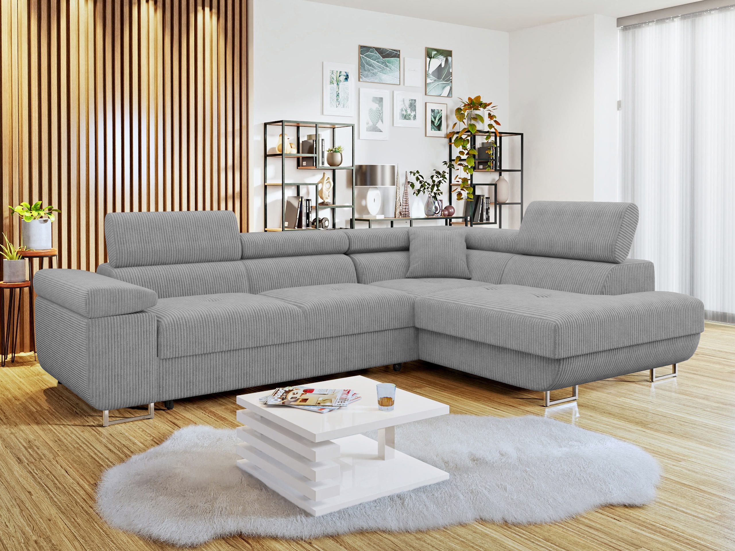 MIRJAN24 Ecksofa Torezio Cord, mit Bettkasten und Schlaffunktion, Einstellbare Kopfstützen, 274x203x70-90 cm