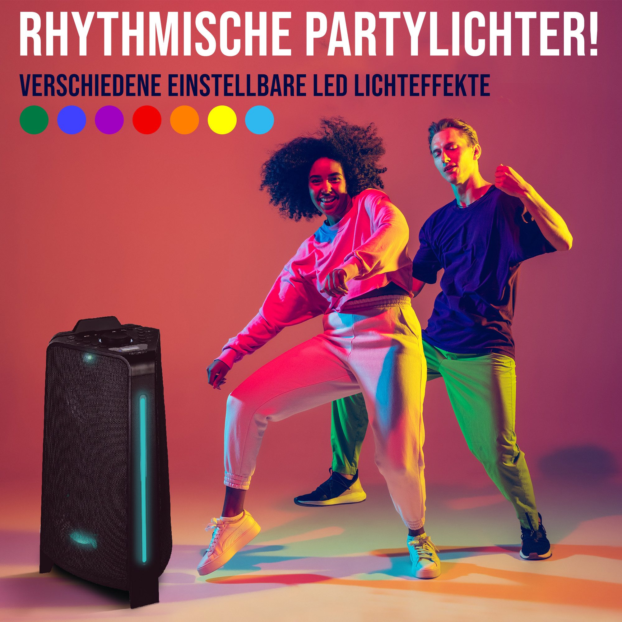 Reflexion PS100BT LED Beleuchtung mit verschiedener Modi-Auswahl Party-Lautsprecher (Bluetooth, 800 W, Bluetooth, Radio, Karaoke, Disco-Licht Effekte, Equalizer)