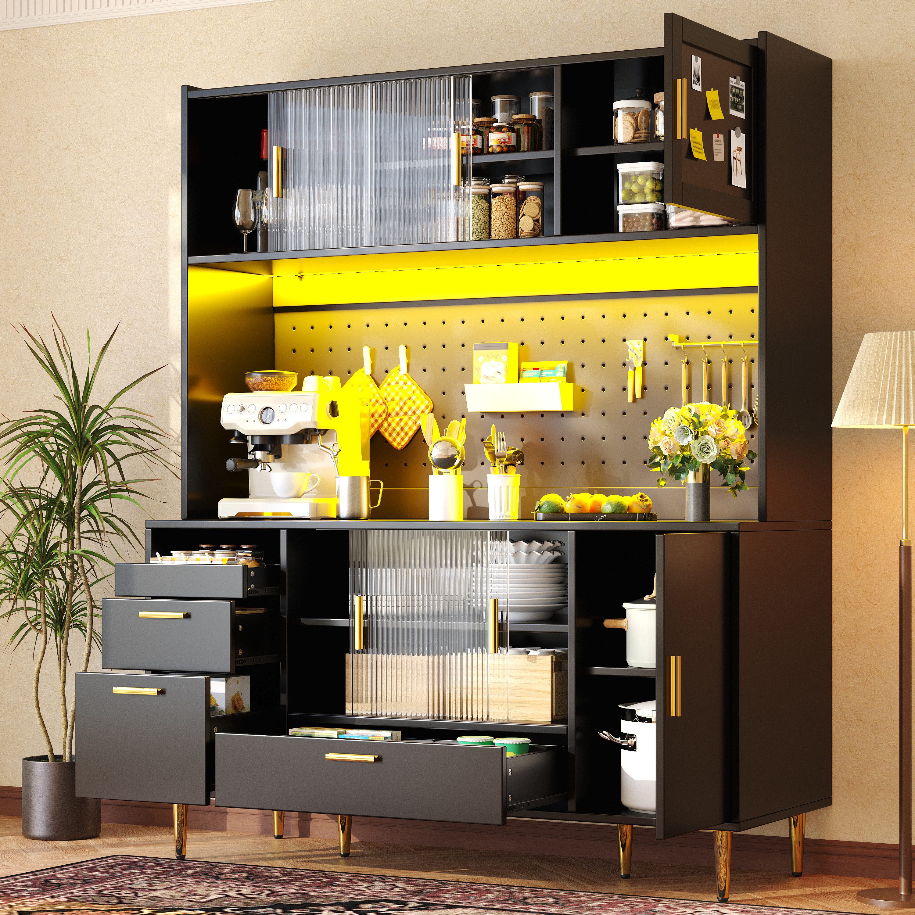 Flieks Küchenbuffet mit LED-Beleuchtung, Lochwand, Glas-Schiebetüren & Magnettür (Hochschrank mit Arbeitsplatte, 1-St., 140x40x180 cm) Küchenschrank mit Schubladen & verstellbarer Einlegeböden Schwarz