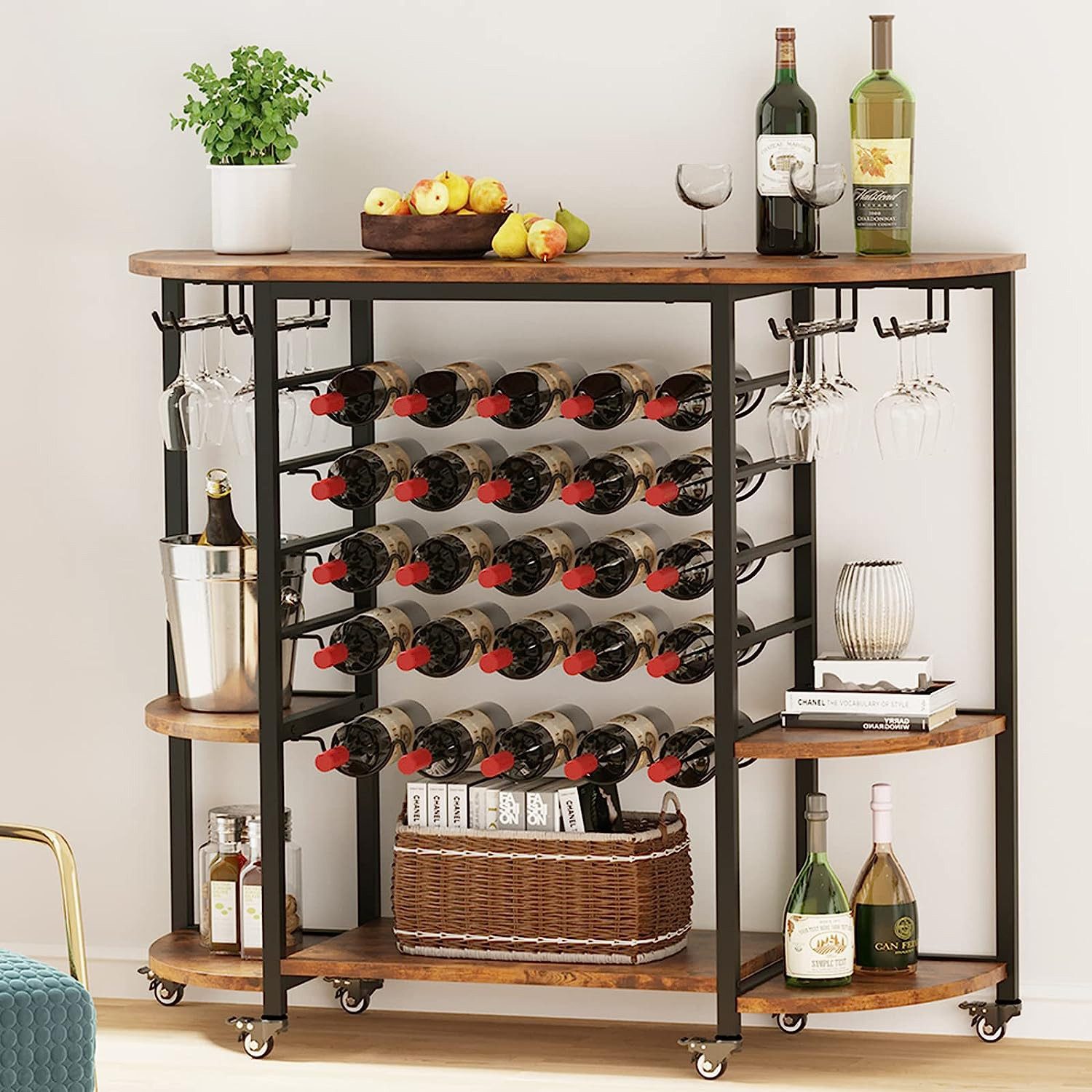 OUNUO Weinregal Weinschrank mit Rollen für 25 Flaschen, Glashalter und Tischplatte