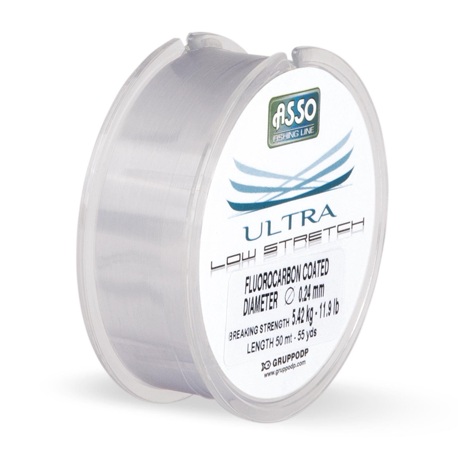 ASSO Angelschnur, 150 m Länge, ASSO UltraLow Stretch Fluorocarbon Coated 150m 0,26mm 6,59kg Clear Angelschnur