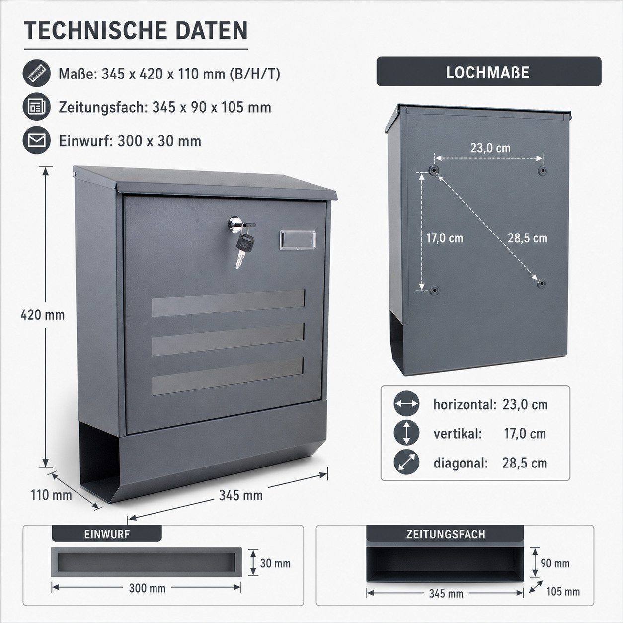 Bituxx Briefkasten Dunkelgrau Eckig mit Zeitungsrolle und Fenster (MS-16025) – Bild 3 von 4