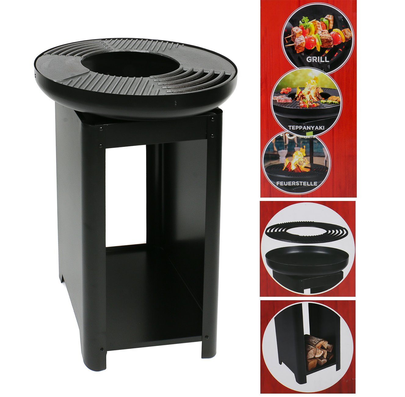 Bubble-Store Fire Pit 3-in-1 Grill with Teppanyaki Plate (Grill Fire Bowl for Terrace or Garden), Terrace Fireplace with Storage Compartment for Wood or Charcoal