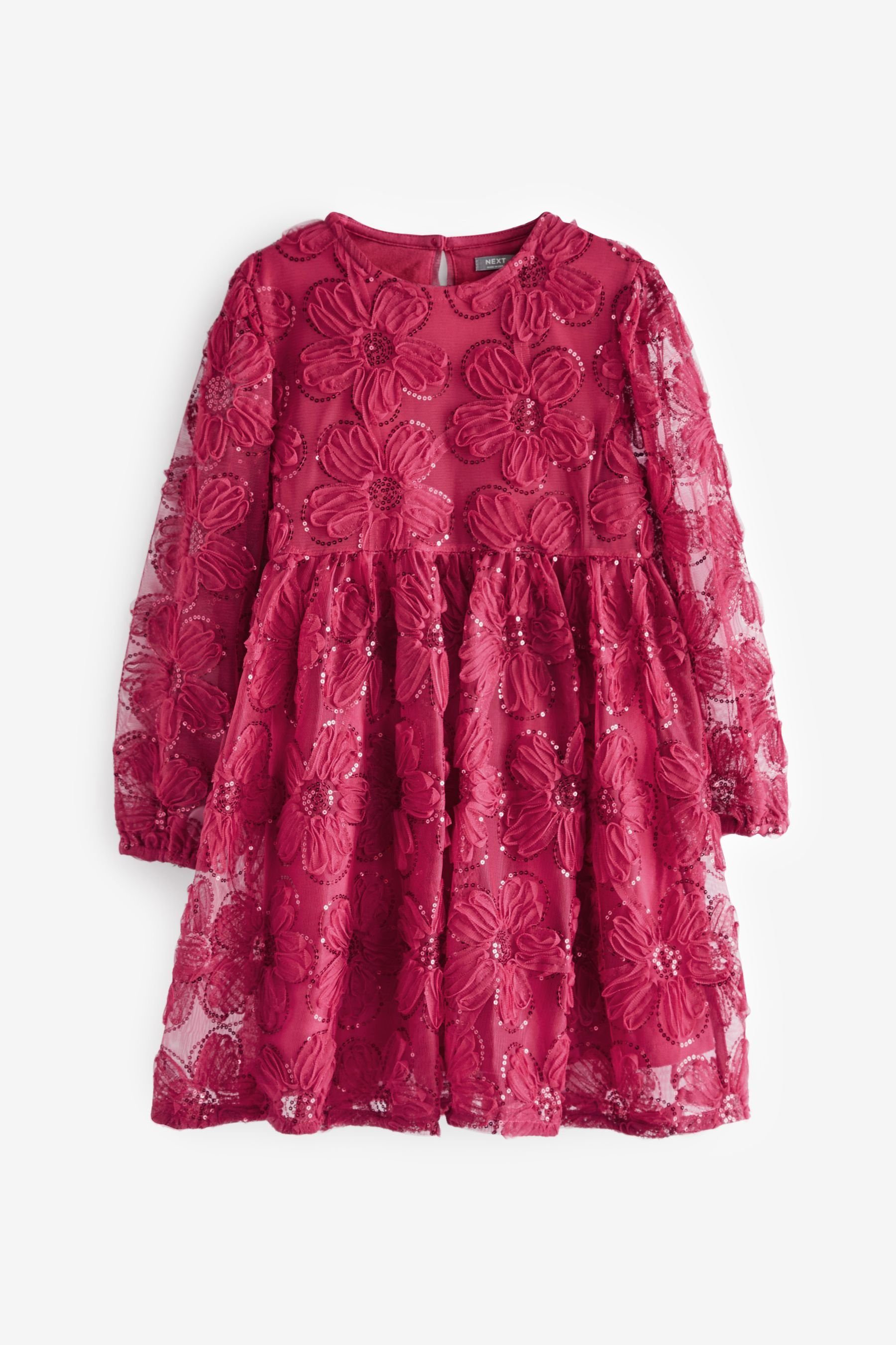 Next Partykleid Langärmeliges Partykleid aus Netz mit Pailletten (1-tlg) Red Flower
