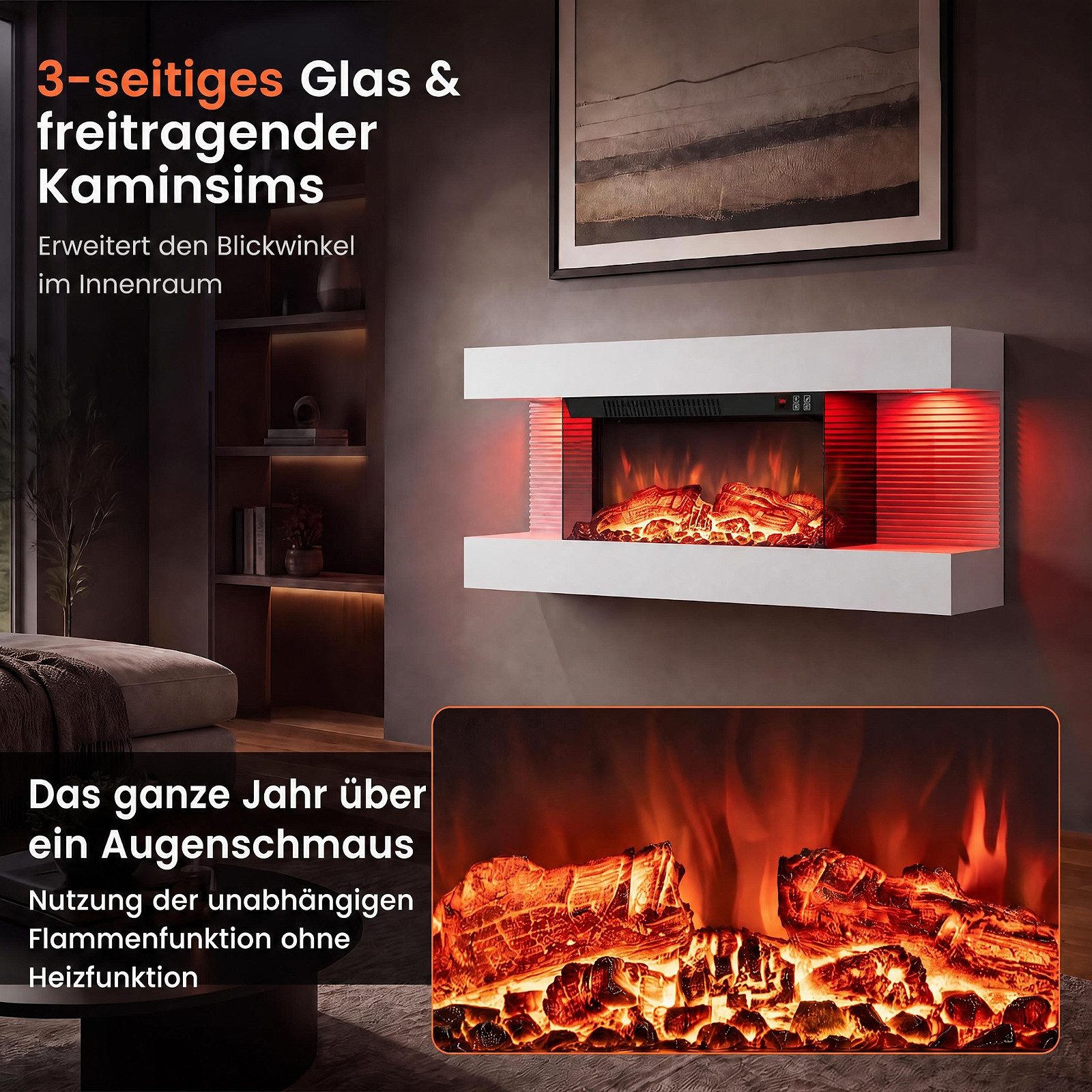 COSTWAY Elektrokamin Wandkamin mit LED-Seitenlichtern, 3D-Flammeneffekt – Bild 4 von 5