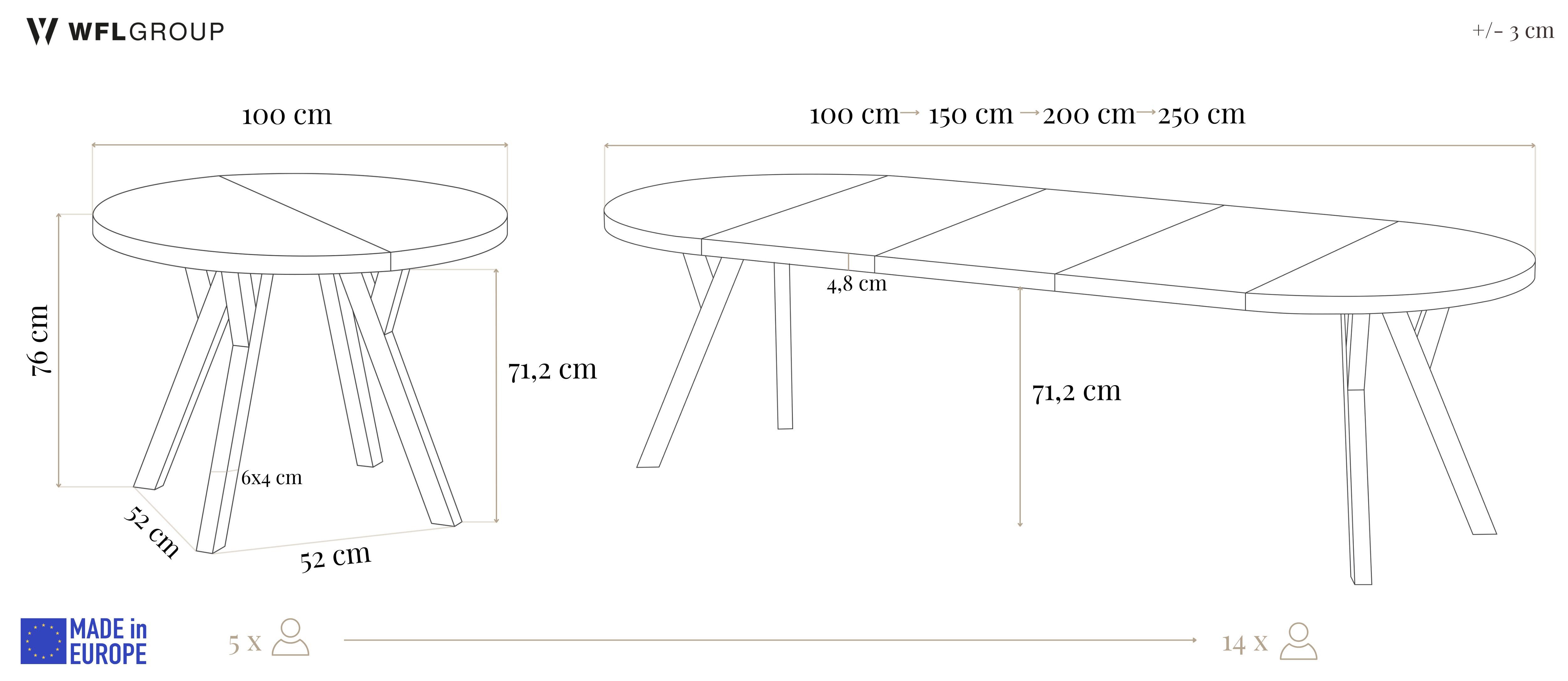 WFL GROUP Esstisch Twixy ausziehbar rund industrial mit weißen Holzbeinen (MADE IN EU, erhältlich in 2 Größen – Durchmesser 100 cm, ausziehbar auf 250/300 cm), XXL groß extra lang Ausziehtisch für 5-16 oder 5-14 Personen