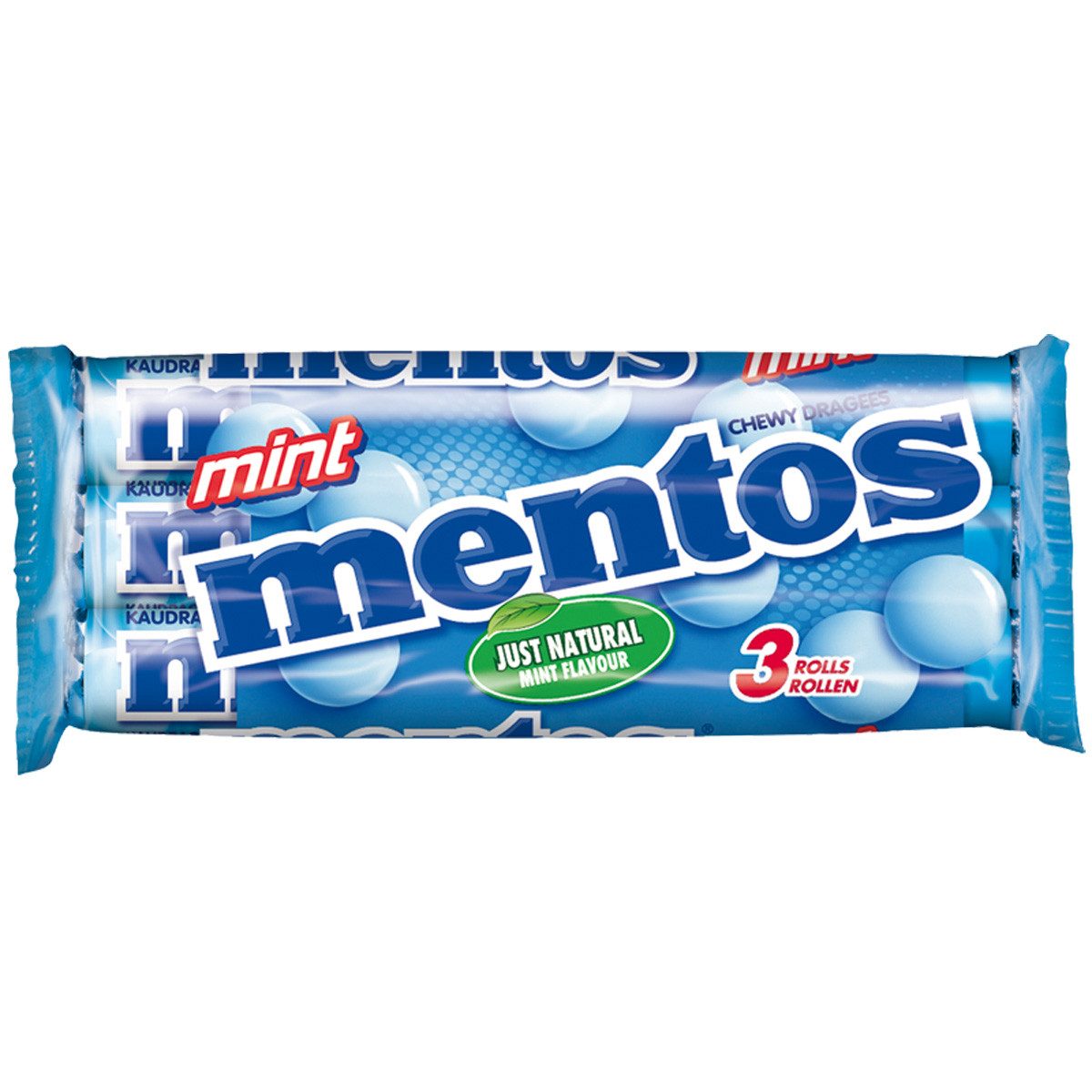 MENTOS Süßigkeit, Mentos Mint 3 Rollen Kaudragees mit frischem Mintgeschmack 114g