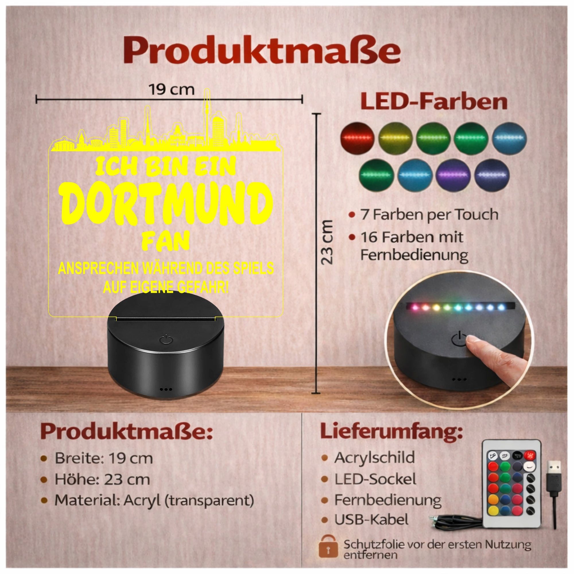 Lieblingsmensch LED Nachtlicht Fußball - Ich bin ein Dortmund Fan - Ansprechen auf eigene Gefahr, LED fest integriert, Farbwechsel oder feste Farbe mit Fernbedienung & Touch, Man Cave Stimmungslicht – 19x23cm