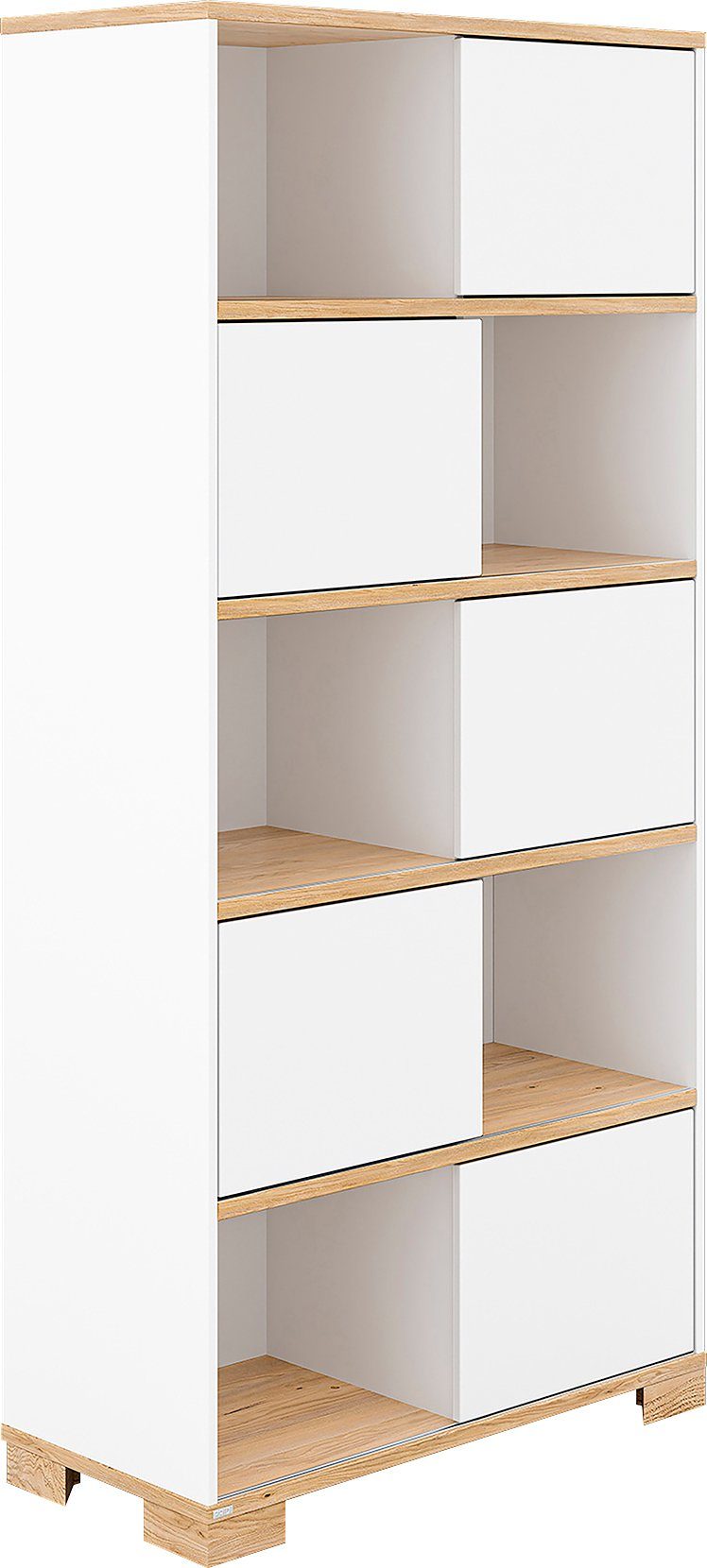 PAIDI Standregal YOLANDA in Weiß mit Eiche-Dekor, 10 Fächer mit 5 Schiebetüren, 86 cm Breite, langlebiges Regal aus Holz, Soft-Close