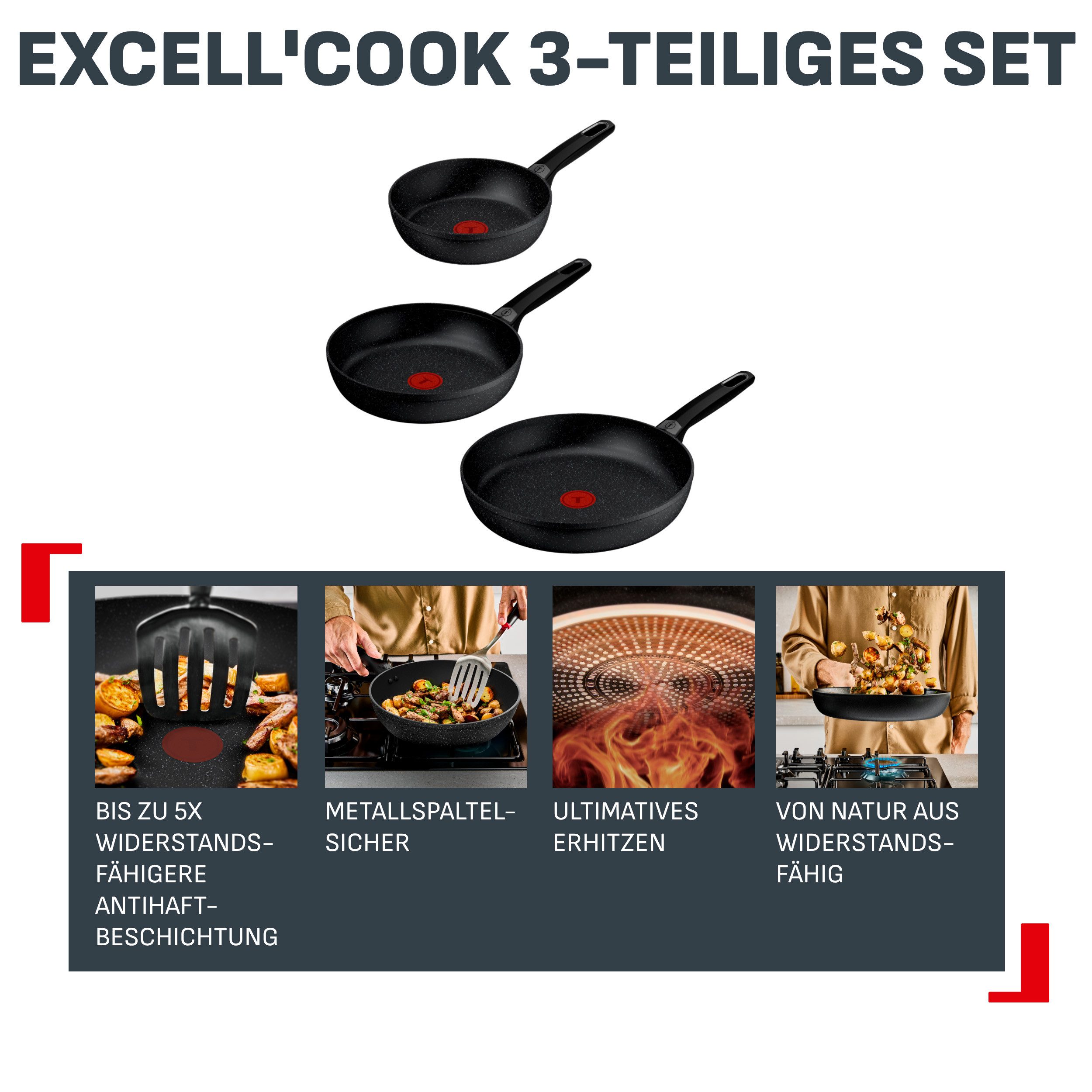 Tefal Pfannen-Set Excell'Cook, Aluminium (Set, 3-tlg., je 1 Pfanne 20/24/28 cm), leistungsstarke Antihaftbeschichtung, Induktion, metallspatelsicher