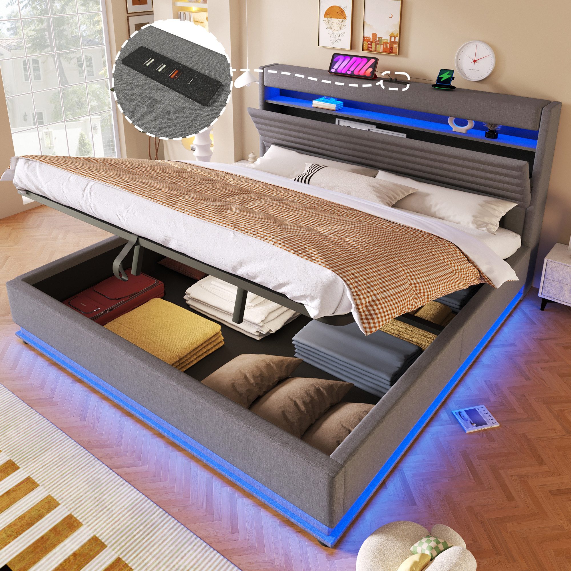Merax Polsterbett mit LED-Beleuchtung und USB/Typ-C Ladefunktion (Leinenstoff, 1-tlg., Mehrzweckbett), Doppelbett 180x200cm mit hydraulischem Stauraum & Flip-Top-Staufach