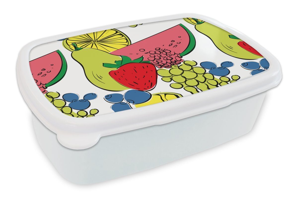 MuchoWow Lunchbox Obst - Cartoon - Muster, Kunststoff, (2-tlg), Brotbox für Kinder und Erwachsene, Brotdose, für Jungs und Mädchen weiß | Lunchboxen