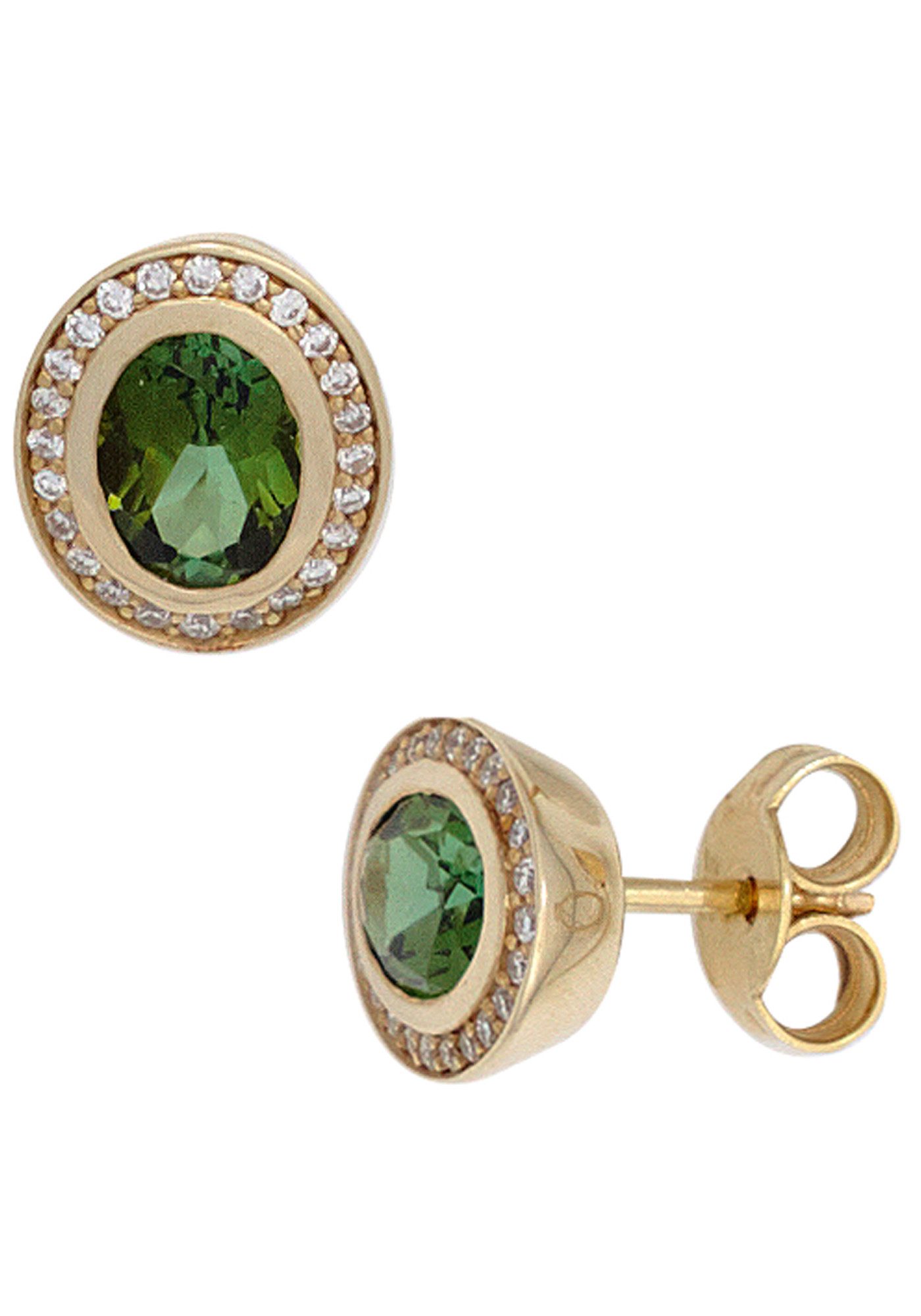 JOBO Paar Ohrstecker Ohrringe Goldohrringe oval 10 mm, 585 Gold mit Turmalin und 48 Diamanten