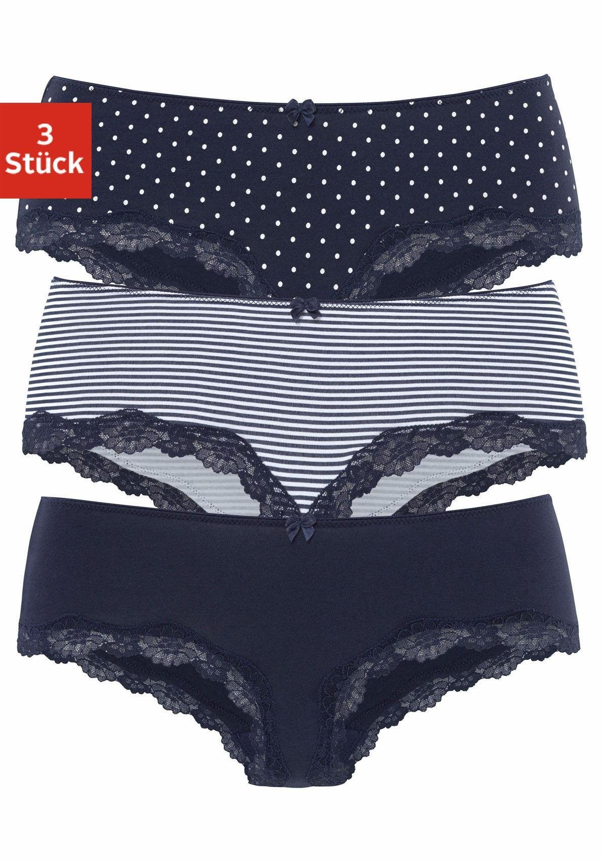 LASCANA Panty gestreift, uni elastischer 3-St) zarter aus mit (Packung, Baumwolle marine-gepunktet, Spitze