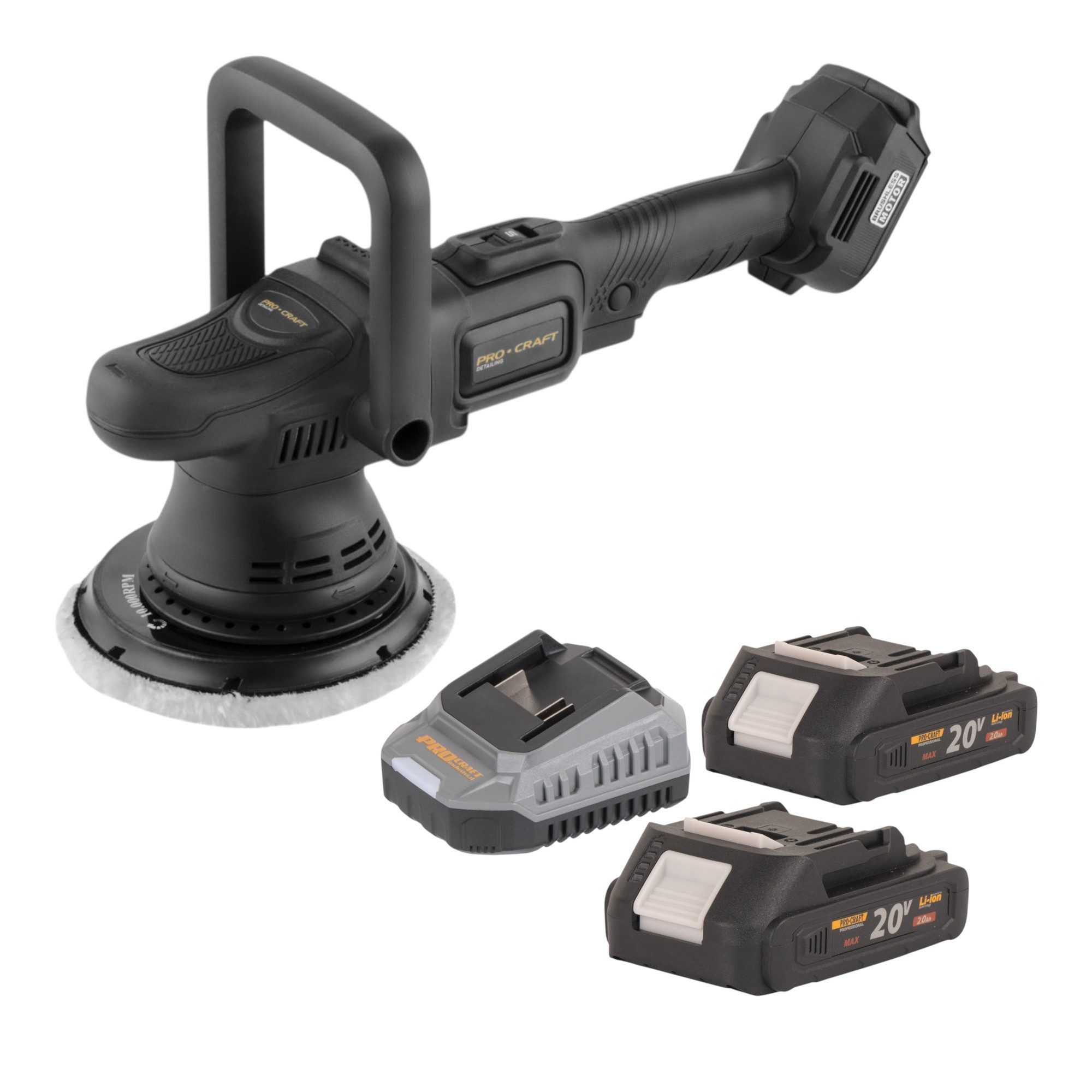 PRO CRAFT Akku-Poliermaschine PM22bb Akku Poliermaschine 20 Volt 150 mm + 2x Akku 2,0 Ah + Ladegerät