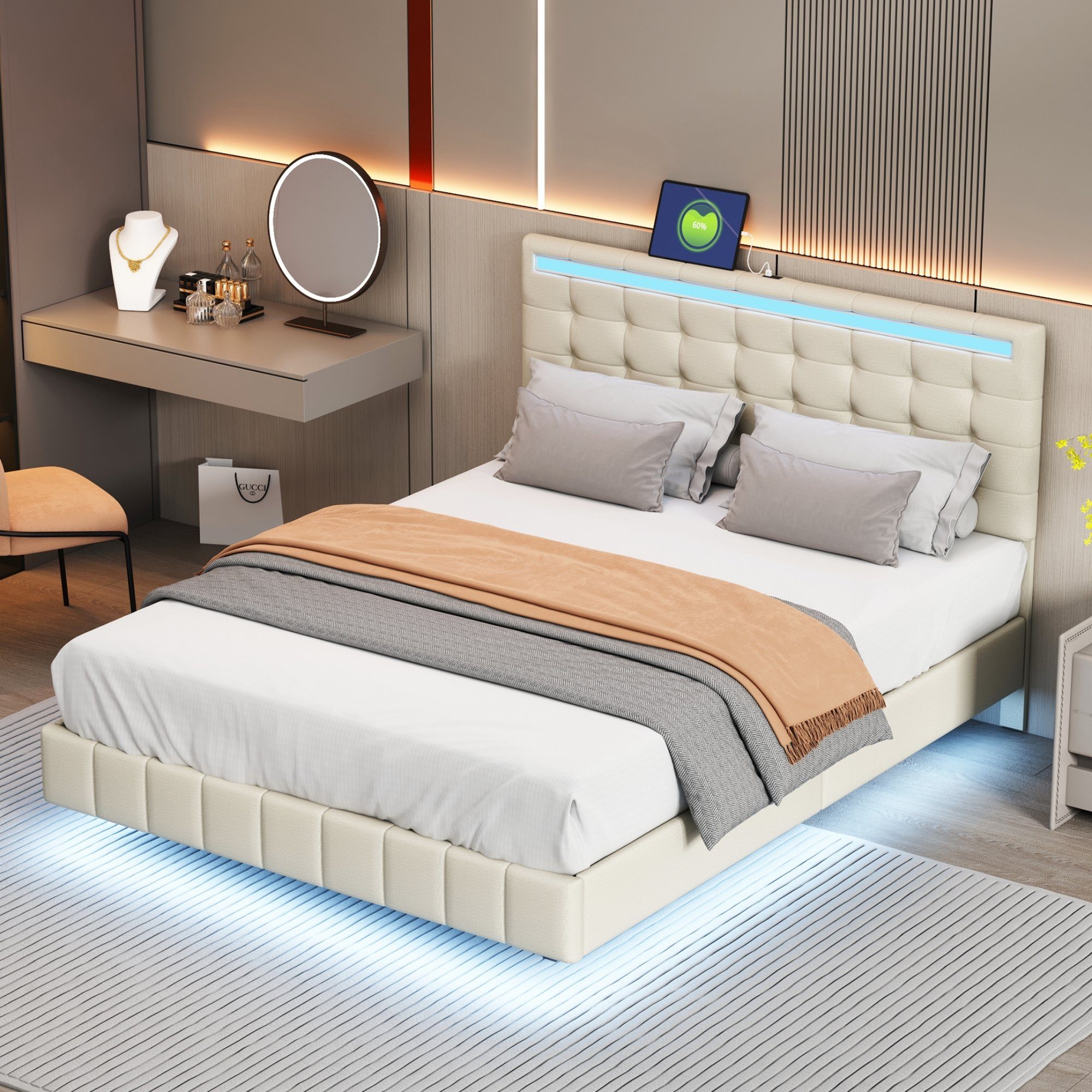 Polsterbett (LED Doppelbett), mit USB Ladefunktion und höhenverstellbarem Kopfteil 140x200cm, Leinen