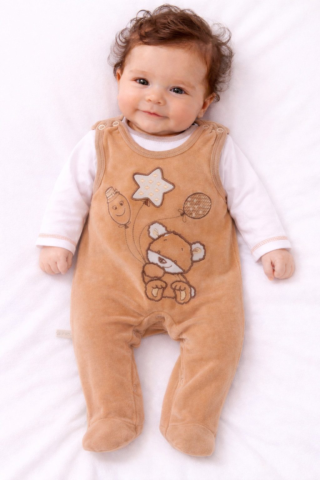 La Bortini Strampler Stramplerhose aus Velours und Shirt Baby Anzug in Beige mit Bär aus Nicki-Stoff, weich, warm, 44 50 56 62 68