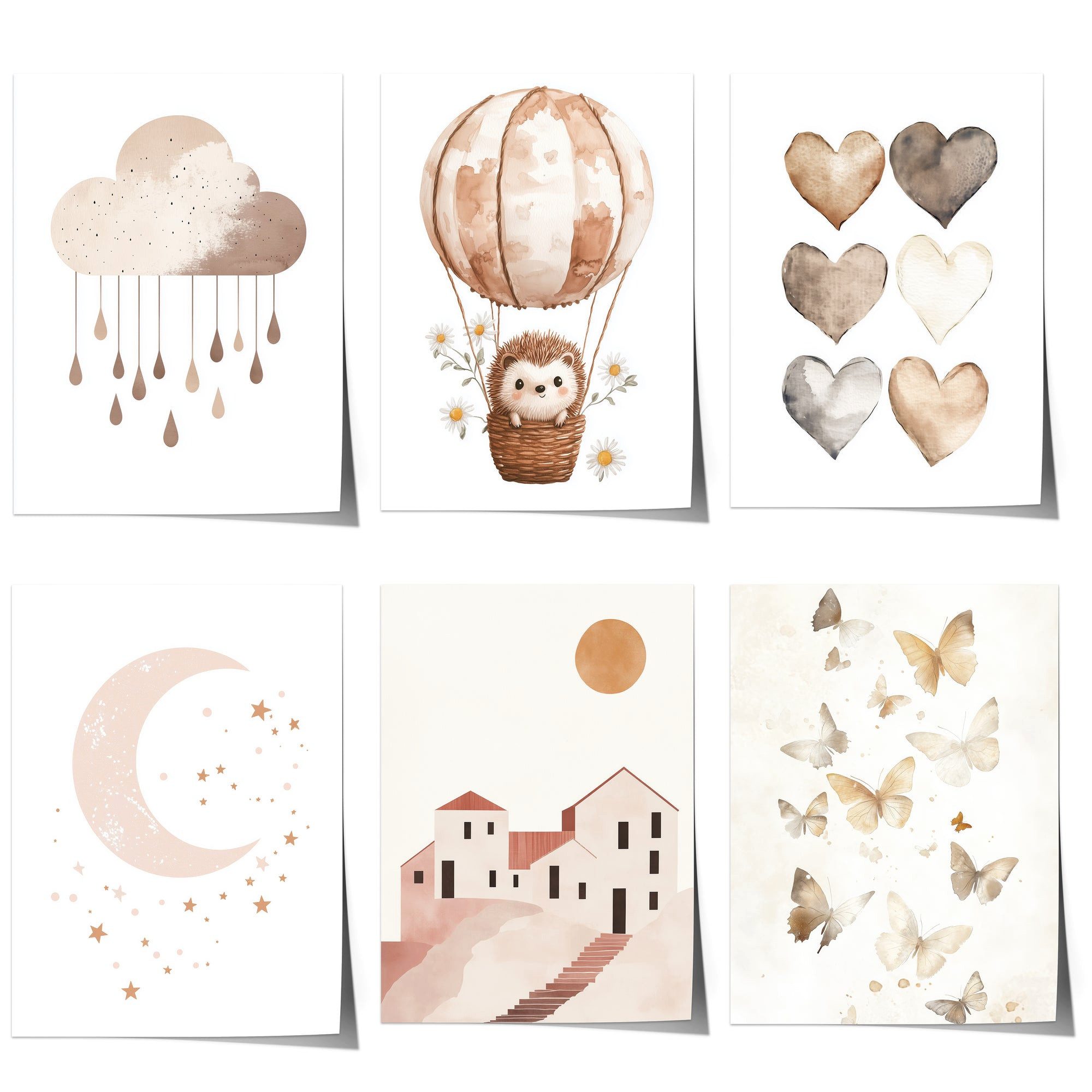 JUSTGOODMOOD Poster Boho Babyzimmer Poster · Wolke, Heißluftballon, Herzen, Mond und Ste, D (1 St), verschiedene Größen wählbar