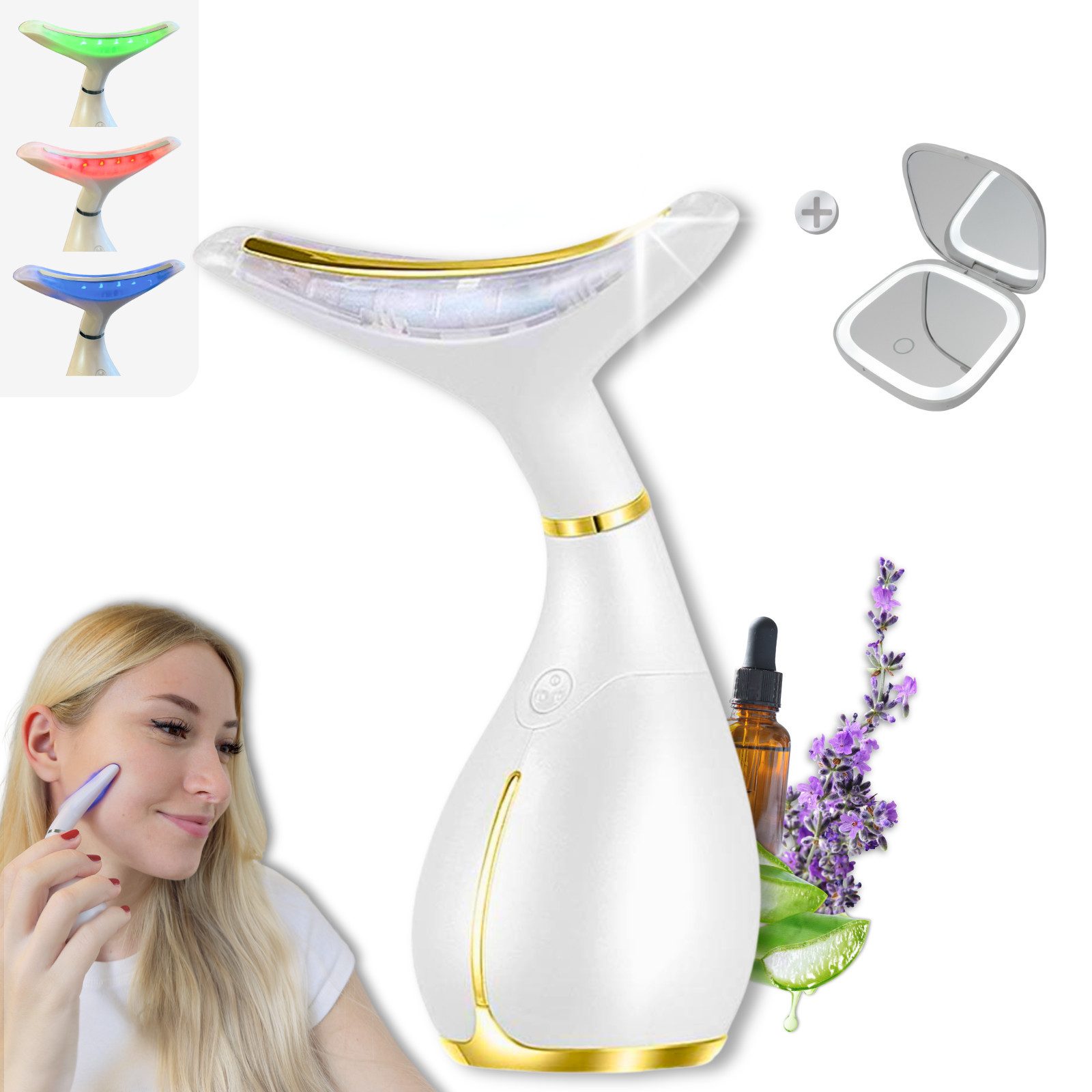 Winch Gesichtsmassagegerät Beauty Deluxe [Neuheit] Gegen Falten, LED, EMS, Anti-Aging Wunder, Vibrations-, Wärme- & Kältefunktion + Lichttherapie + LED Spiegel