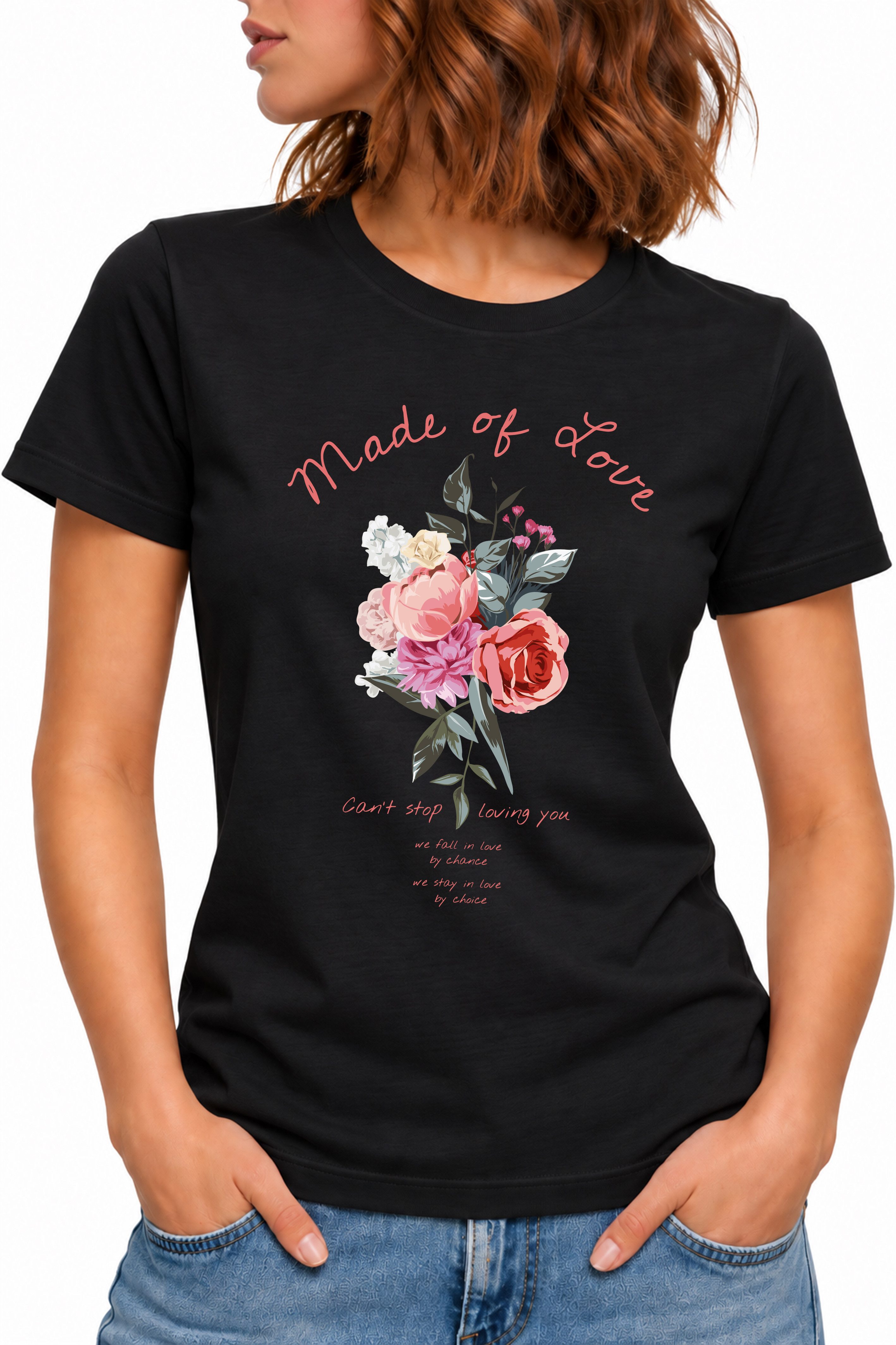Banco T-Shirt Damen Rosen Blumen Printshirt Floral Kurzarm Rundhals Floraler Rosen-Frontprint mit dekorativem Statement-Schriftzug
