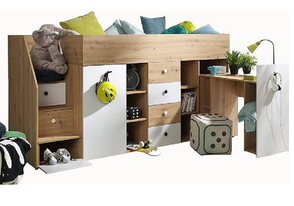 ABIKS MÖBEL Hochbett SMART 3 Etagenbett für Jugendliche mit Schreibtisch und Kleiderschrank