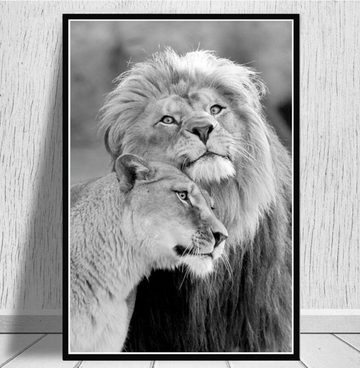 TPFLiving Kunstdruck (OHNE RAHMEN) Poster - Leinwand - Wandbild, Majestätischer Löwe - Löwenfamilie mit schwarzem und grauem Hintergrund (Verschiedene Größen), Farben: Leinwand bunt - Größe: 20x30cm