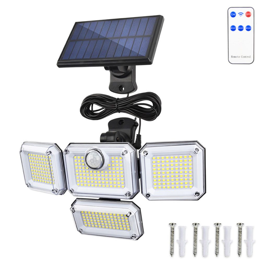 Lapamax LED Solarleuchte Solar Außenleuchte mit Bewegungsmelder, 333 LED, 4 Köpfe, IP65, 3 Modi, kaltweiß, Solarstrahler 400 lm, 6500 K, 3 Modi, Fernbedienung, 5 m Kabel