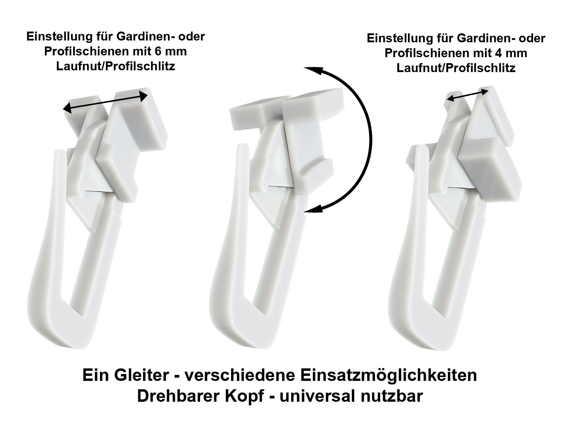 dekondo Gardinengleiter Duo X-Gleiter / Universalgleiter / Faltengleiter, mit drehbarem Kopf für 4 mm "oder" 6 mm breite Laufnut/Profilschlitz Ihrer Gardinensch – Bild 3 von 5
