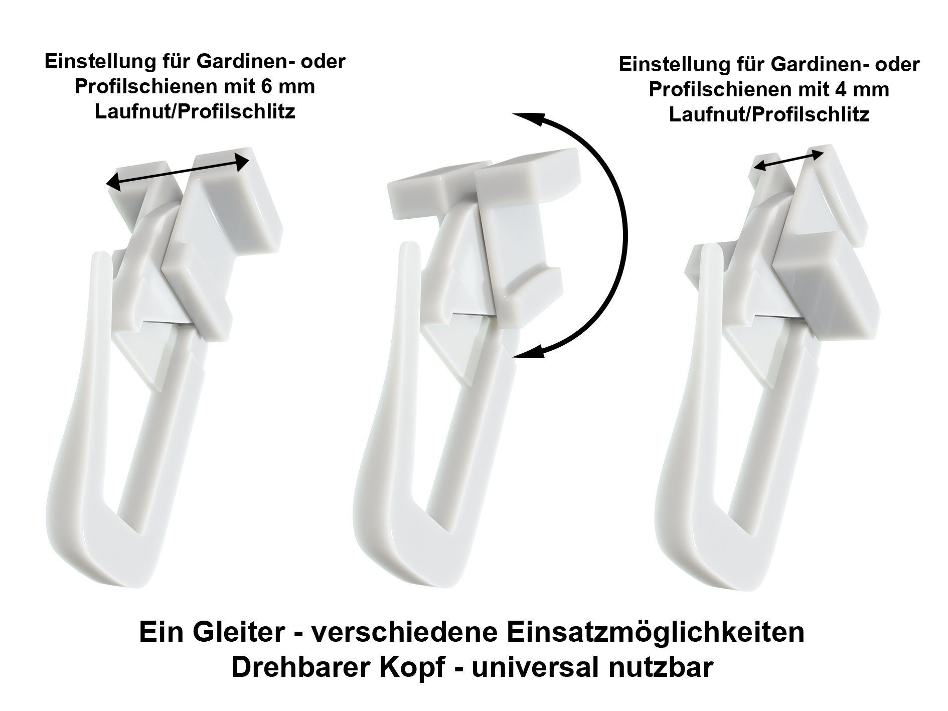 Gardinengleiter Duo X-Gleiter / Universalgleiter / Faltengleiter, dekondo,  mit drehbarem Kopf für 4 mm \