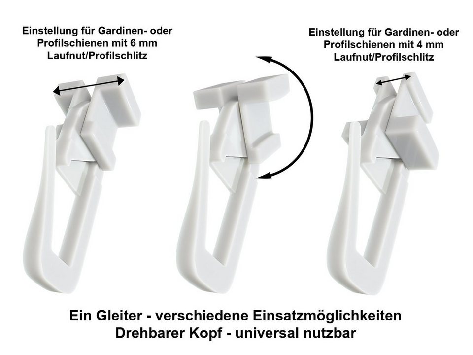 Gardinengleiter Duo X-Gleiter / Universalgleiter / Faltengleiter, dekondo,  mit drehbarem Kopf für 4 mm 