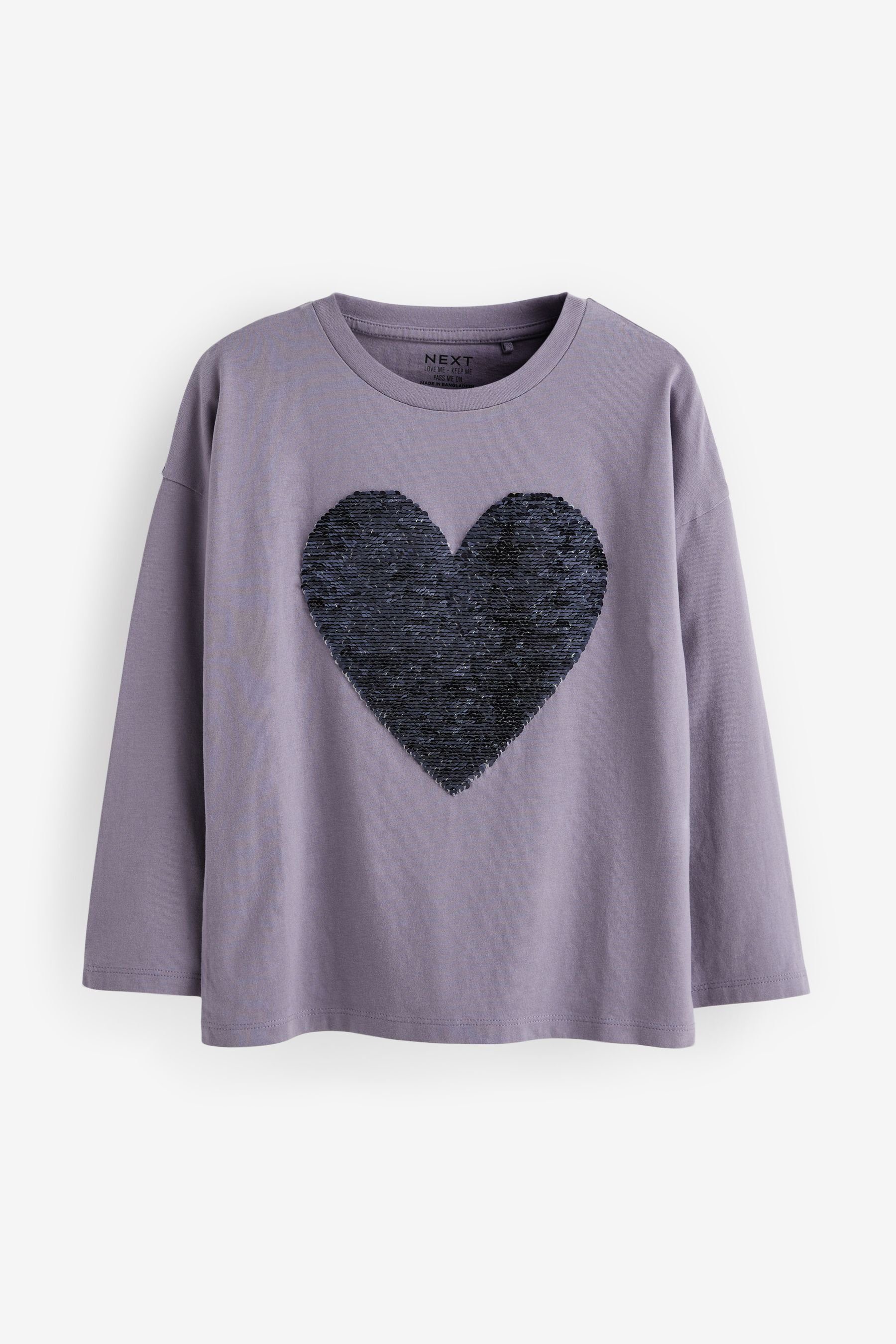 Next Langarmshirt Langärmeliges T-Shirt mit (1-tlg) Pailletten Herzmotiv aus Purple