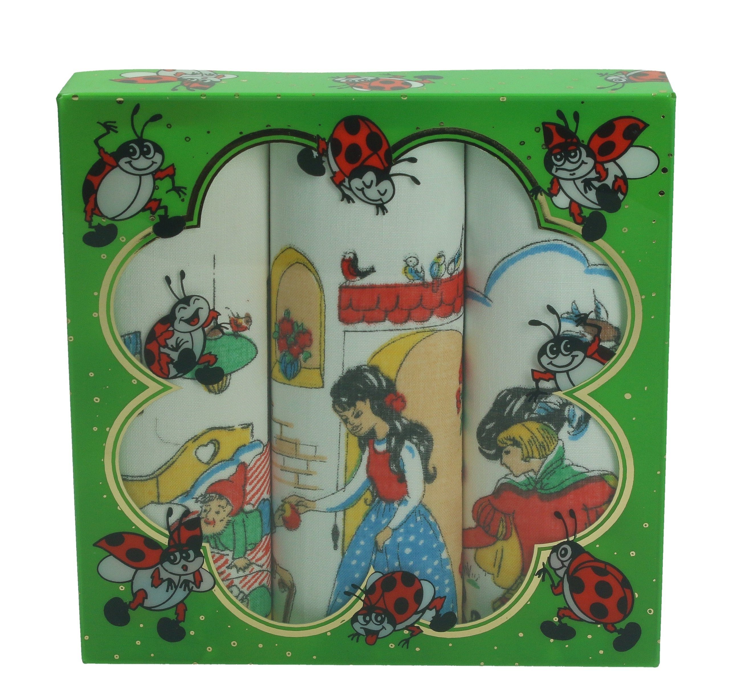 Betz Taschentuch 3 Stück Kindertaschentücher in der Geschenkbox ca. 25x25 cm 100% Baumwolle Märchen Motive Design 2 Farbe: grün