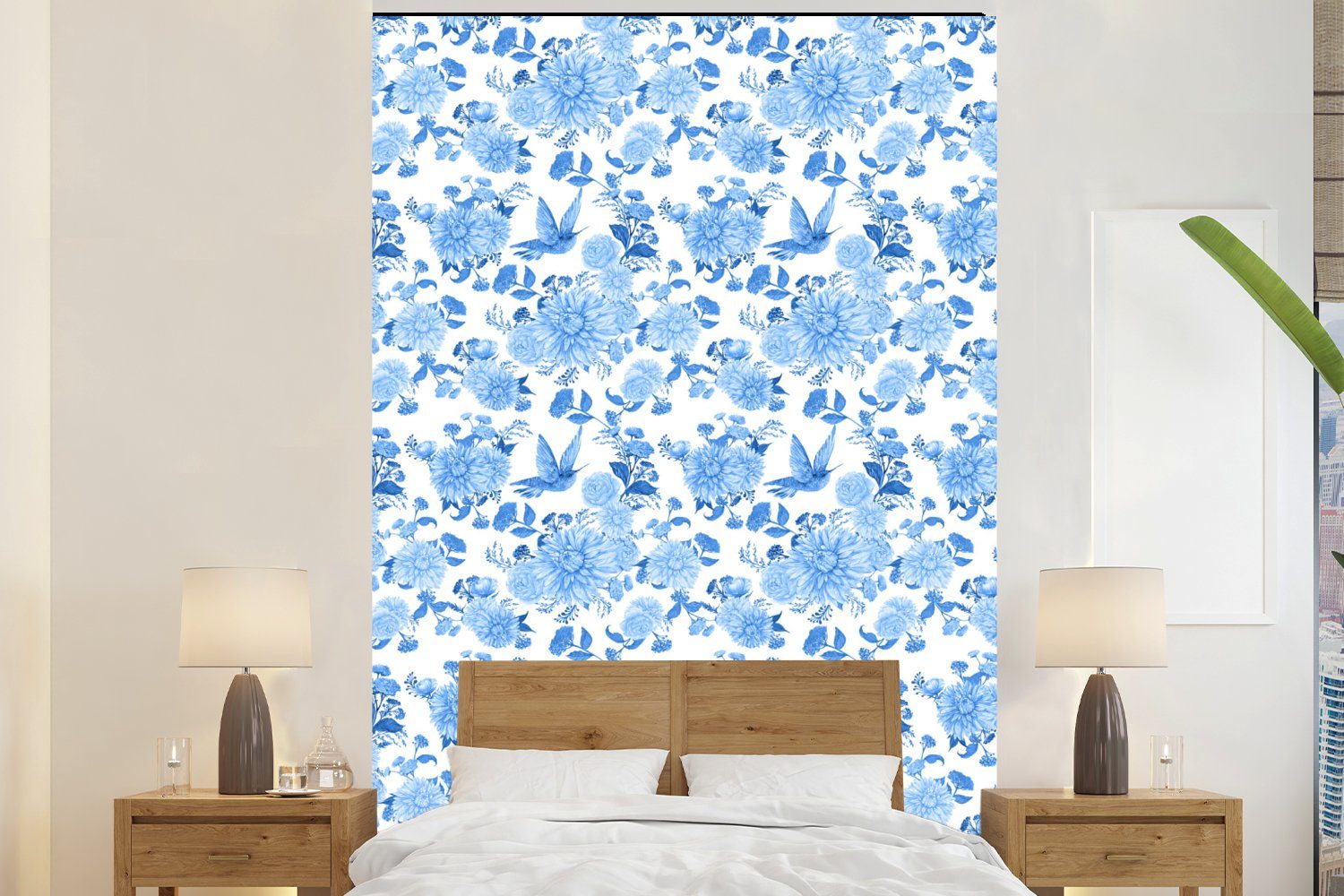 MuchoWow Fototapete Blumen - Rosen - Vögel - Blau, Matt, bedruckt, (3 St), Montagefertig Vinyl Tapete für Wohnzimmer, Wandtapete