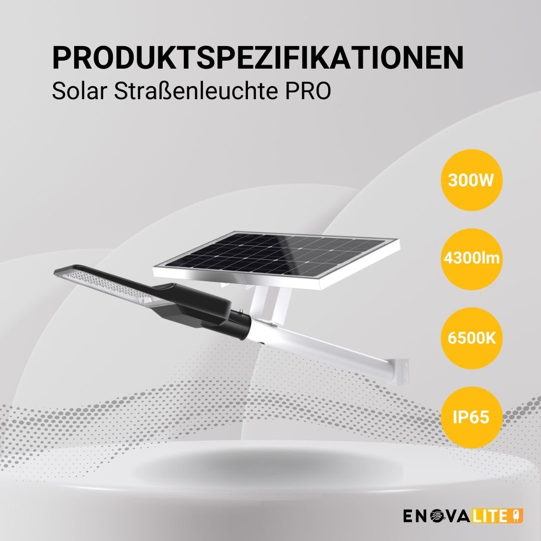 ENOVALITE LED Solarleuchte Solar-Straßenleuchte PRO, 40W PV, 5200lm, 6500K, IP65, LED fest integriert, Tageslichtweiß, kaltweiß, Wand- & Mastmontage, steuerbar mit Fernbedienung