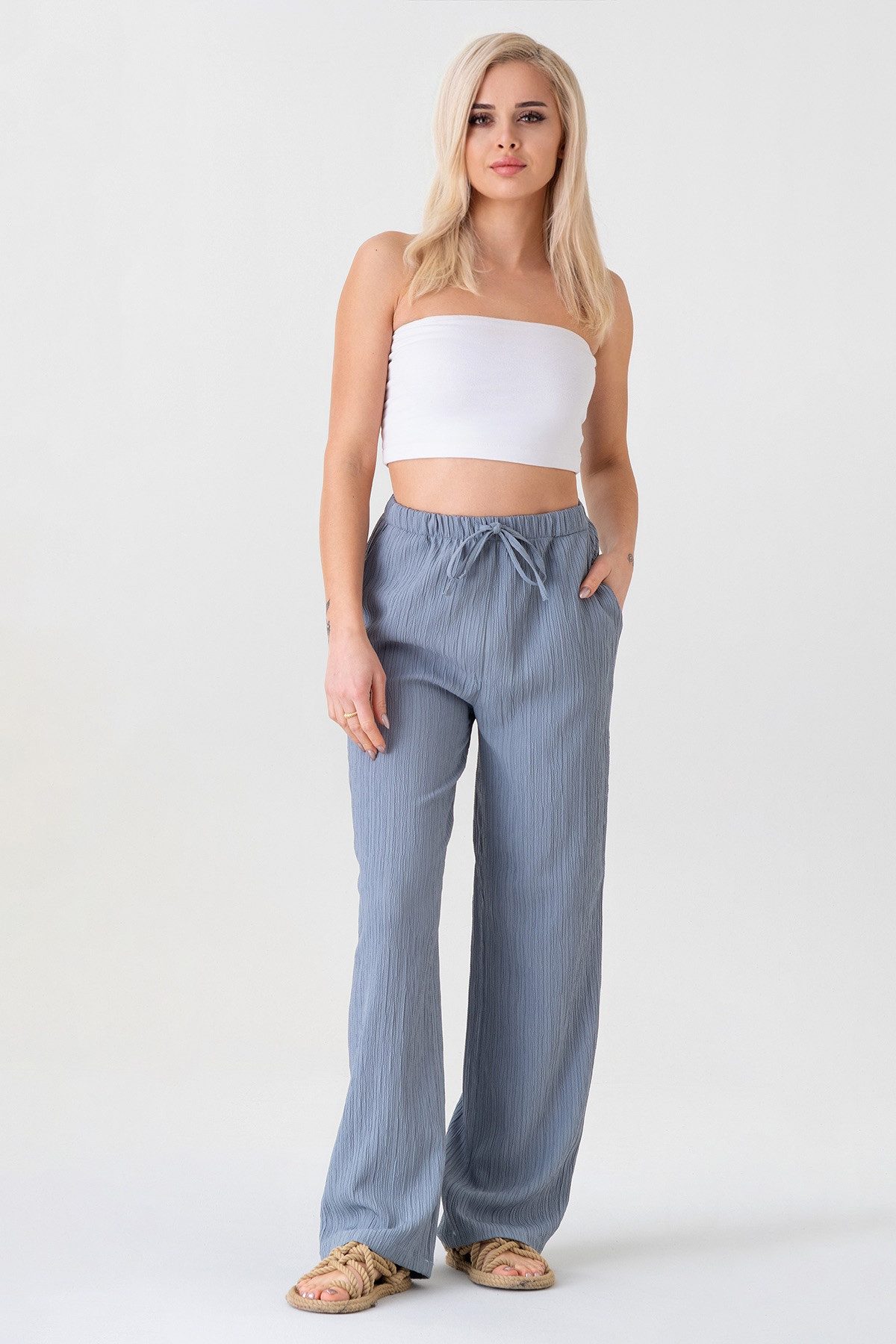 fashionshowcase Palazzohose Damen Sommerhose Crinkle Marlene-Hose mit weitem Bein Weiches & luftiges Material, leicht fallend, mit Crinkle-Struktur