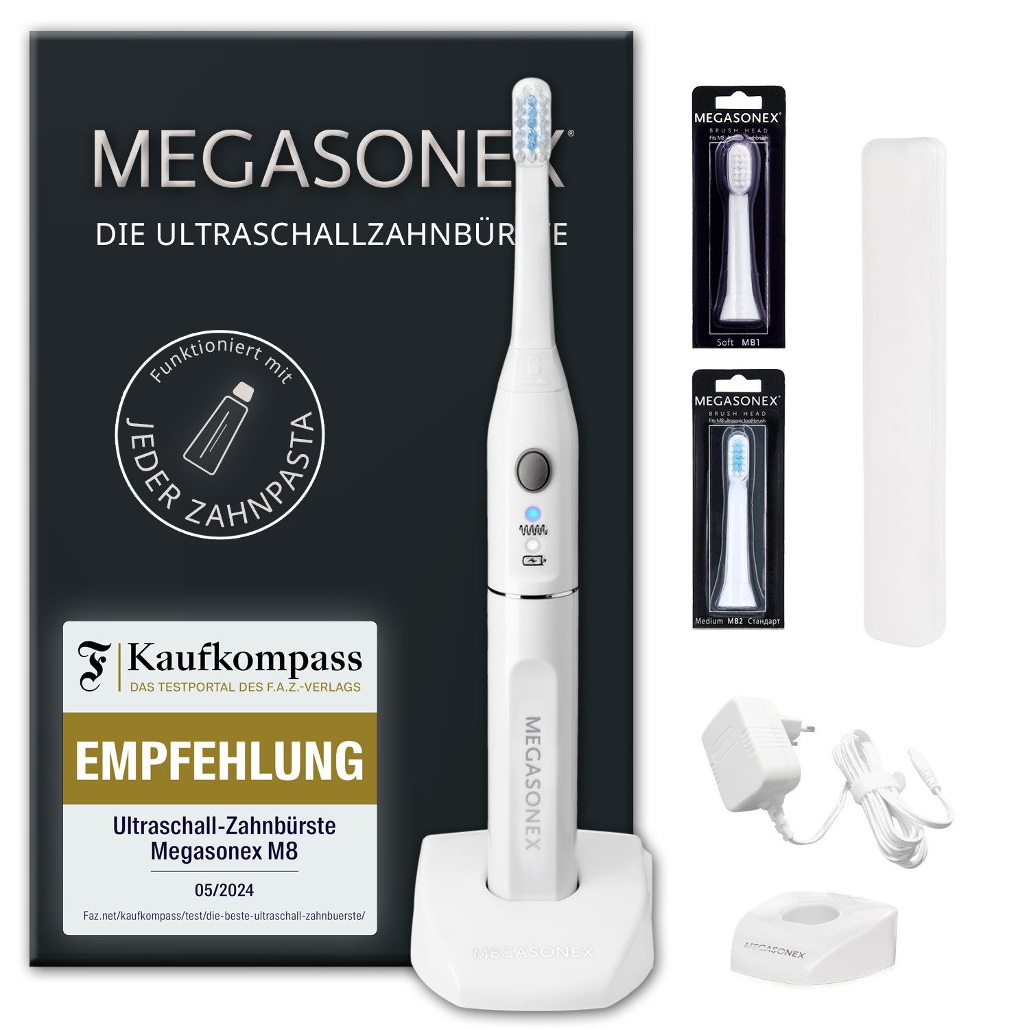 Megasonex Ultraschallzahnbürste M8, Щетки: 2 St., Ultraschall-Zahnbürste mit Ladestation, 2 Bürstenköpfen & Reiseetui