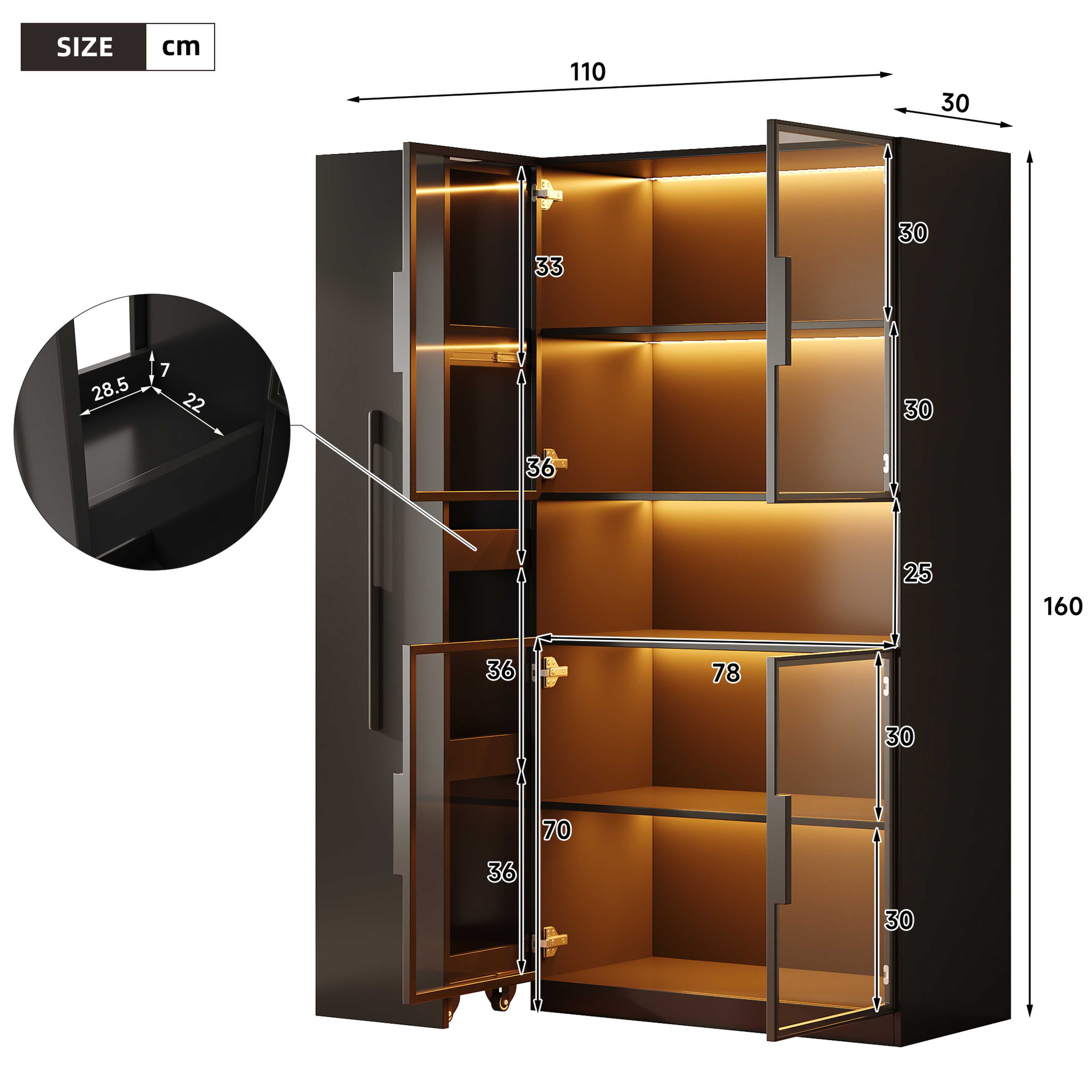 BlingBin Glasvitrine Standvitrine LED Glasvitrine 110x30x160 cm Schwarz aus MDF (1-St., mit Glasfront, ausziehbaren Regalen, Schubladen & Anti-Kipp) für Wohnzimmer/Küche/Büro