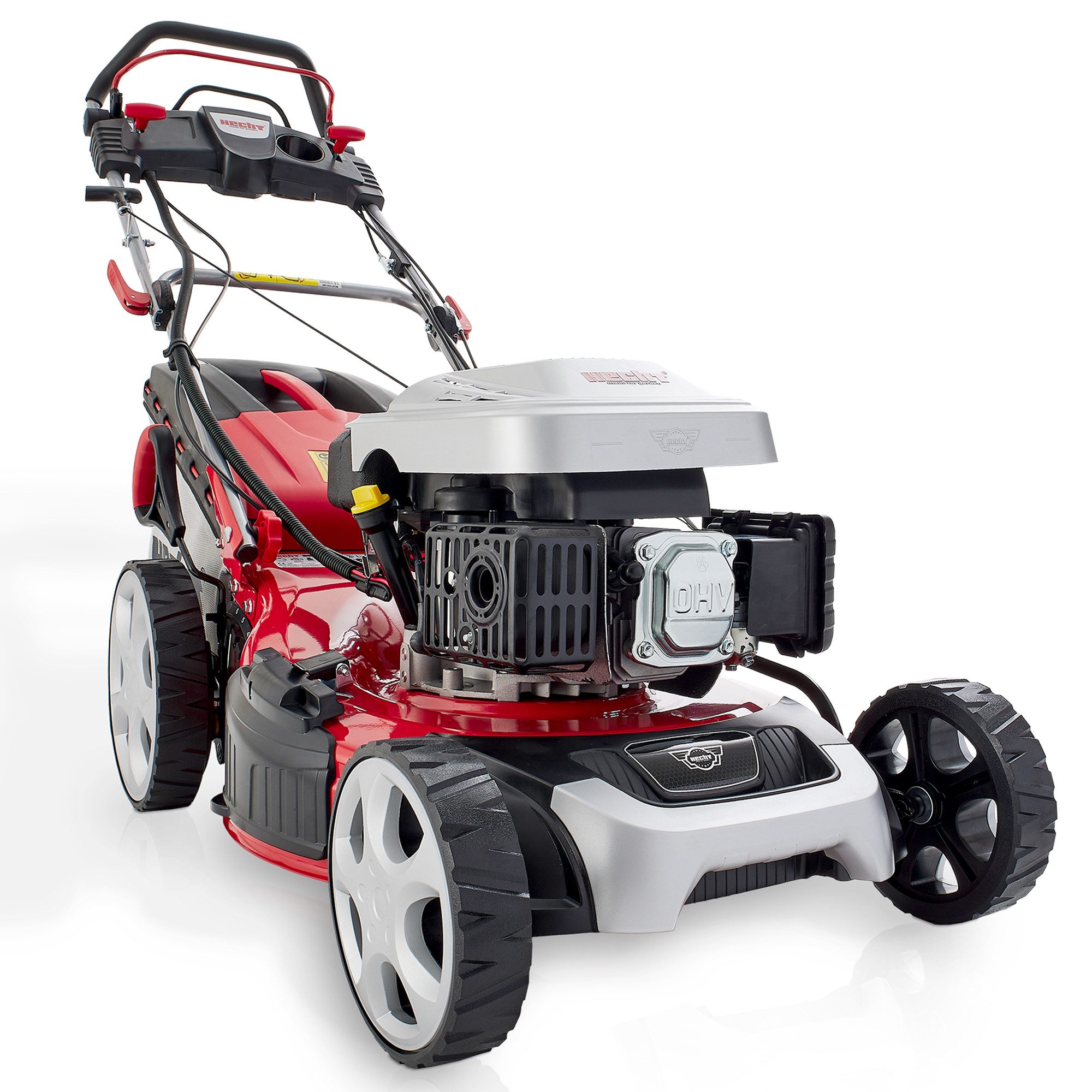 Hecht Benzinrasenmäher mit Antrieb Elektrostart 5in1 Funktion, 4Gänge, bis 4,5km/h, 51 cm Schnittbreite, 4,4 kW / 6 PS, Mulchkit, Seitenauswurf, Zerkleinern