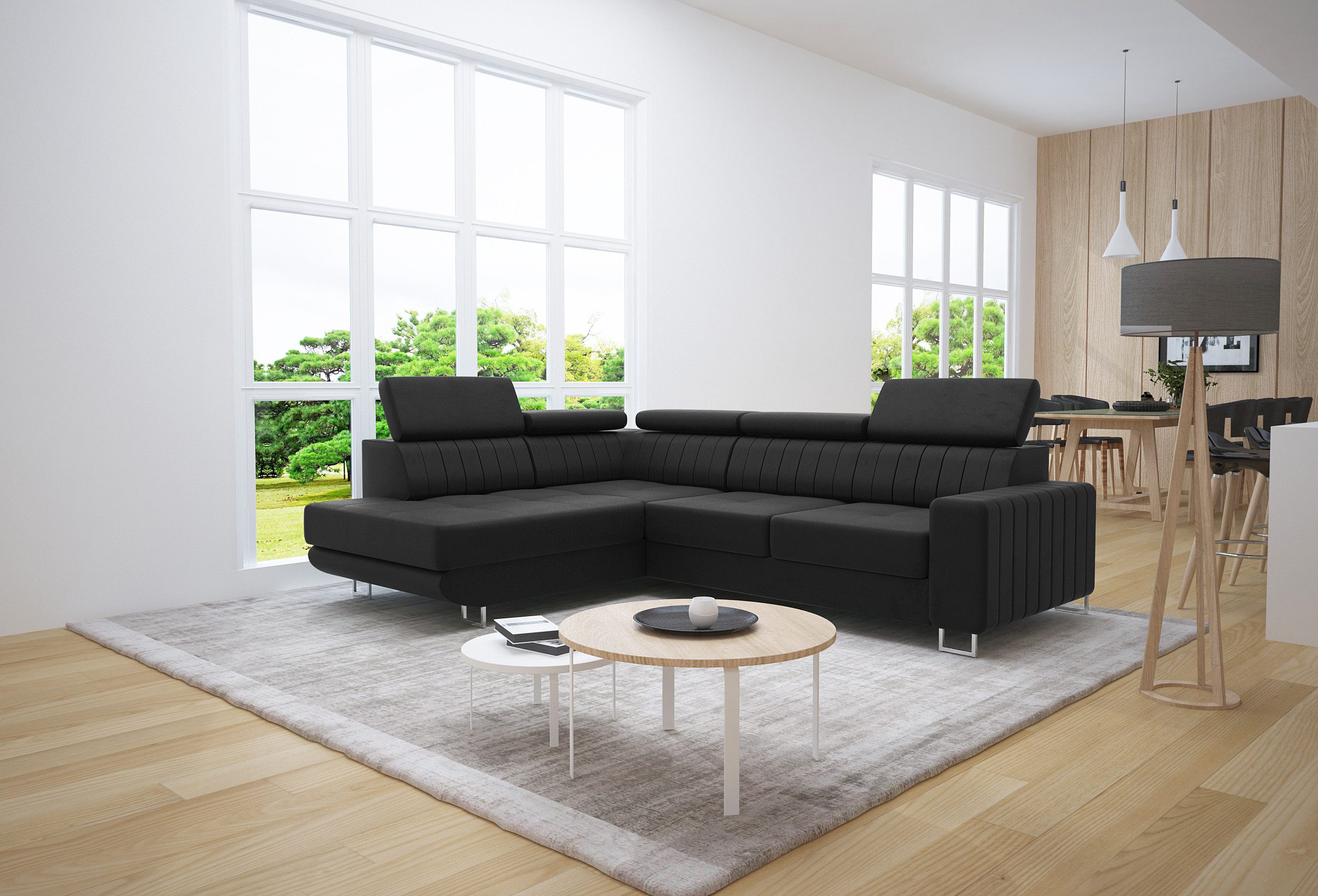 thematys Ecksofa Ecksofa mit Schlaffunktion und Bettkasten, L-Form, Samt, - mit verstellbaren Kopfstützen, – L-Form 250×183 cm – Schlafsofa mit Auszug