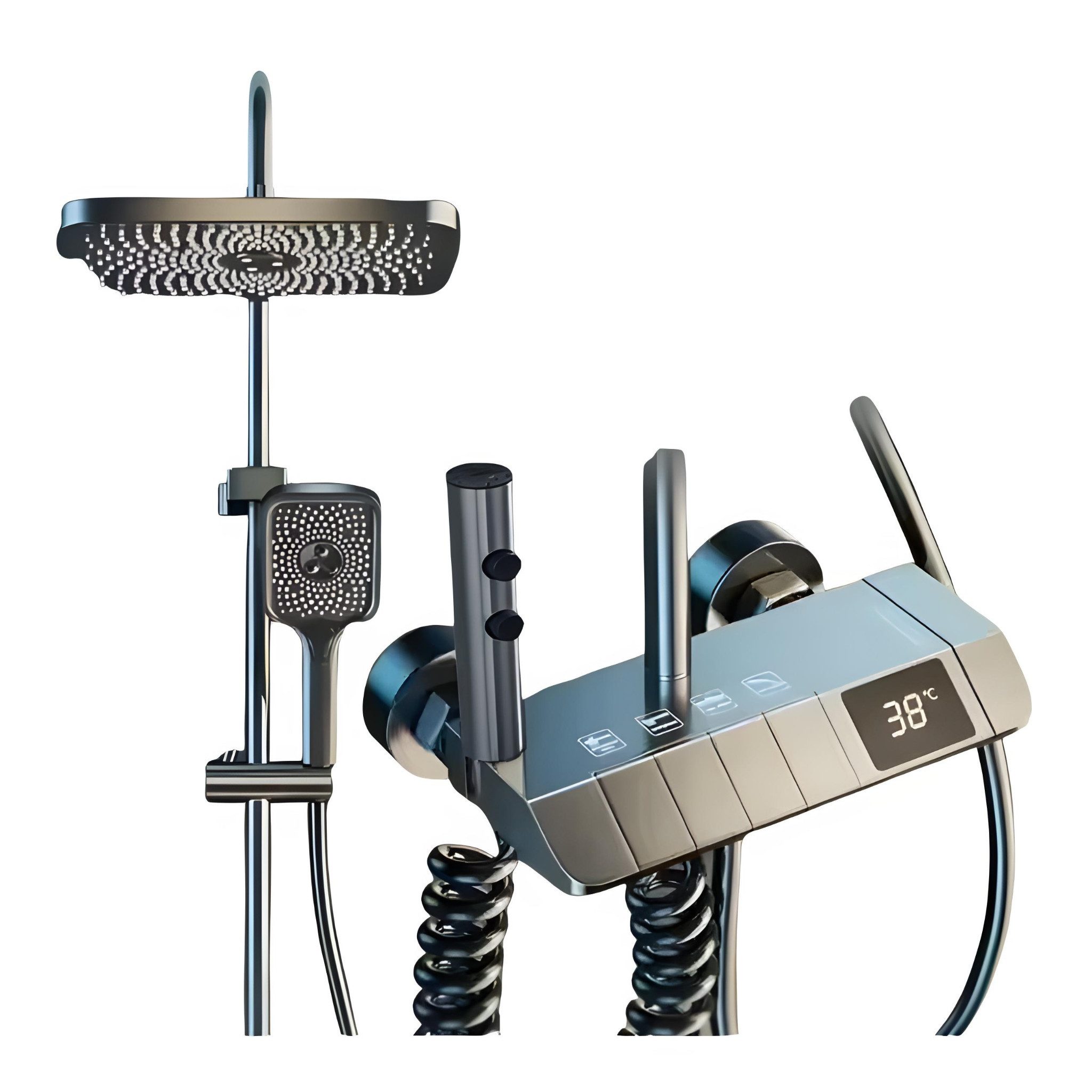 LuxaSteel Badarmatur Duscharmatur mit Regendusche & Bidetbrause – höhenverstellbar (Komplett-Set, Direkt einsatzbereit) Duscharmatur mit Display, 2 Handbrausen, Wasserfallauslass