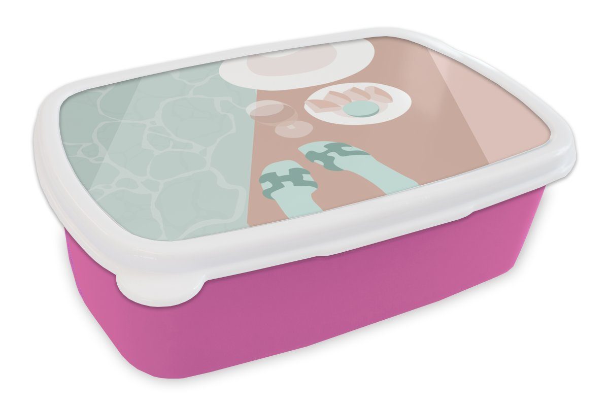 (2-tlg), Kinder, - Sommer, - für Brotbox MuchoWow Pool Erwachsene, Kunststoff - Brotdose Snackbox, rosa Mädchen, Kunststoff, Lunchbox Hausschuhe Weinglas
