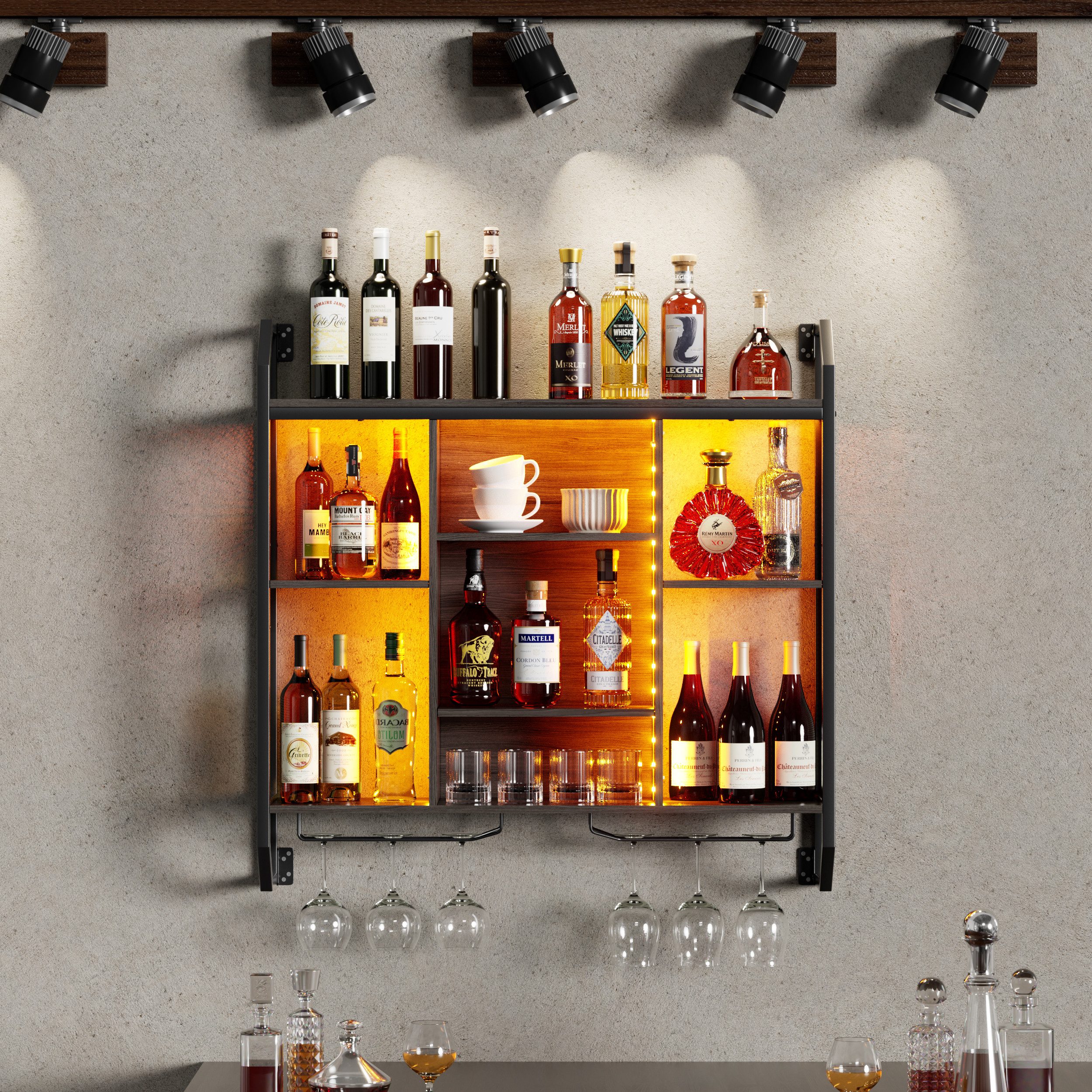 PEALOV Weinregal mit LED-Beleuchtung und Glashalter, Flaschenregal, Wandmontage, 1-tlg., mit verstellbarem Regalboden, 90 x 90 cm