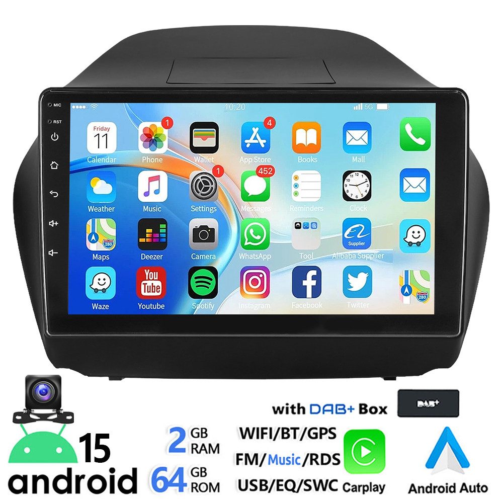ESSGOO DAB+ 10'' Android 15 Für Hyundai iX35 10-15 Carplay Bluetooth GPS WiFi Autoradio (RDS, 4+64GB(optional), FM, AM, DAB+ (optional), Apple Carplay Android Auto GPS Navi WIFI BT EQ)