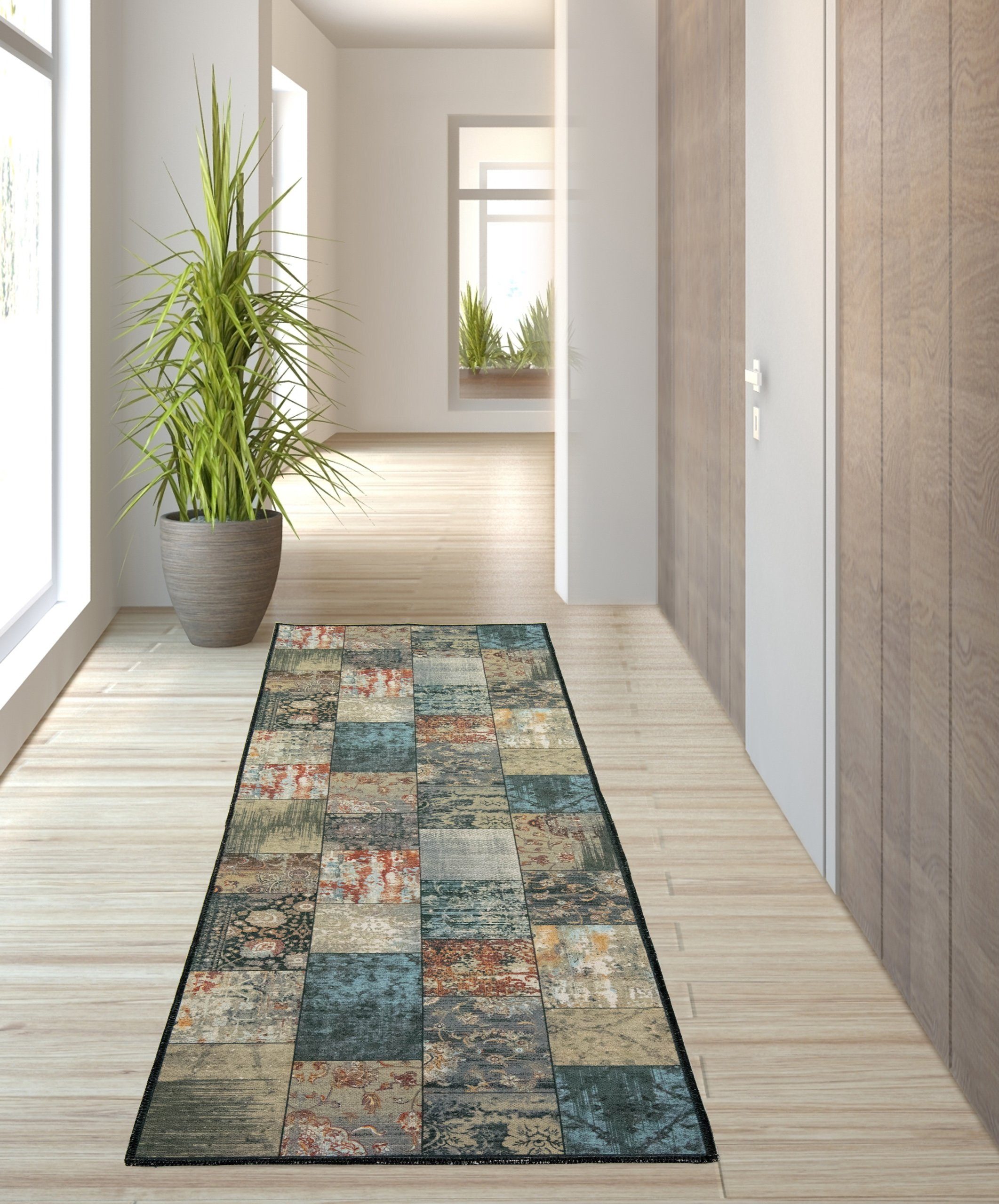 TeppichHome24 Teppich Moderner Teppich mit Quadraten gemustert mehrfarbig, rechteckig, Höhe: 7 mm