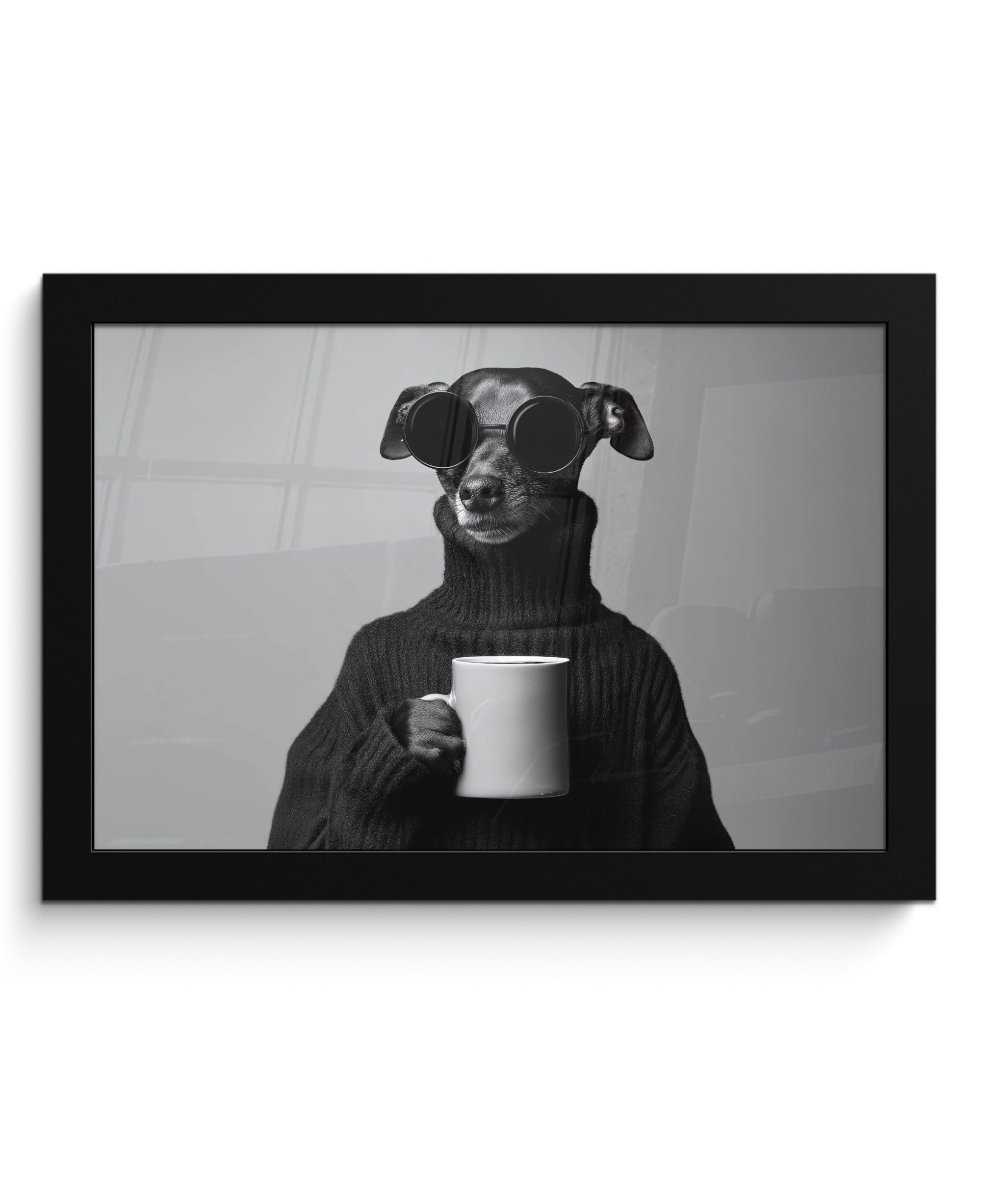 MuchoWow Poster Rollkragenpullover - Hund - Brille - Becher, (1 St), Wandbilder, Deko Wohnzimmer Schlafzimmer, 30x20 cm