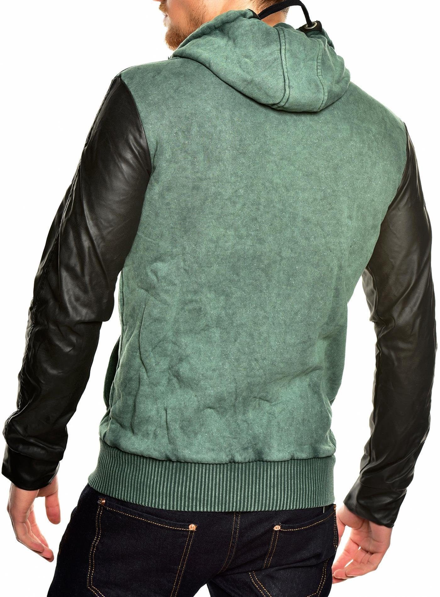 Vintage Herren mit mit Vintage Zipper (1-tlg) khaki Kunstlederärmeln Sweatjacke Look Sweatjacke Kapuzenpullover Hoodie Reslad Kunstlederärmel Reslad