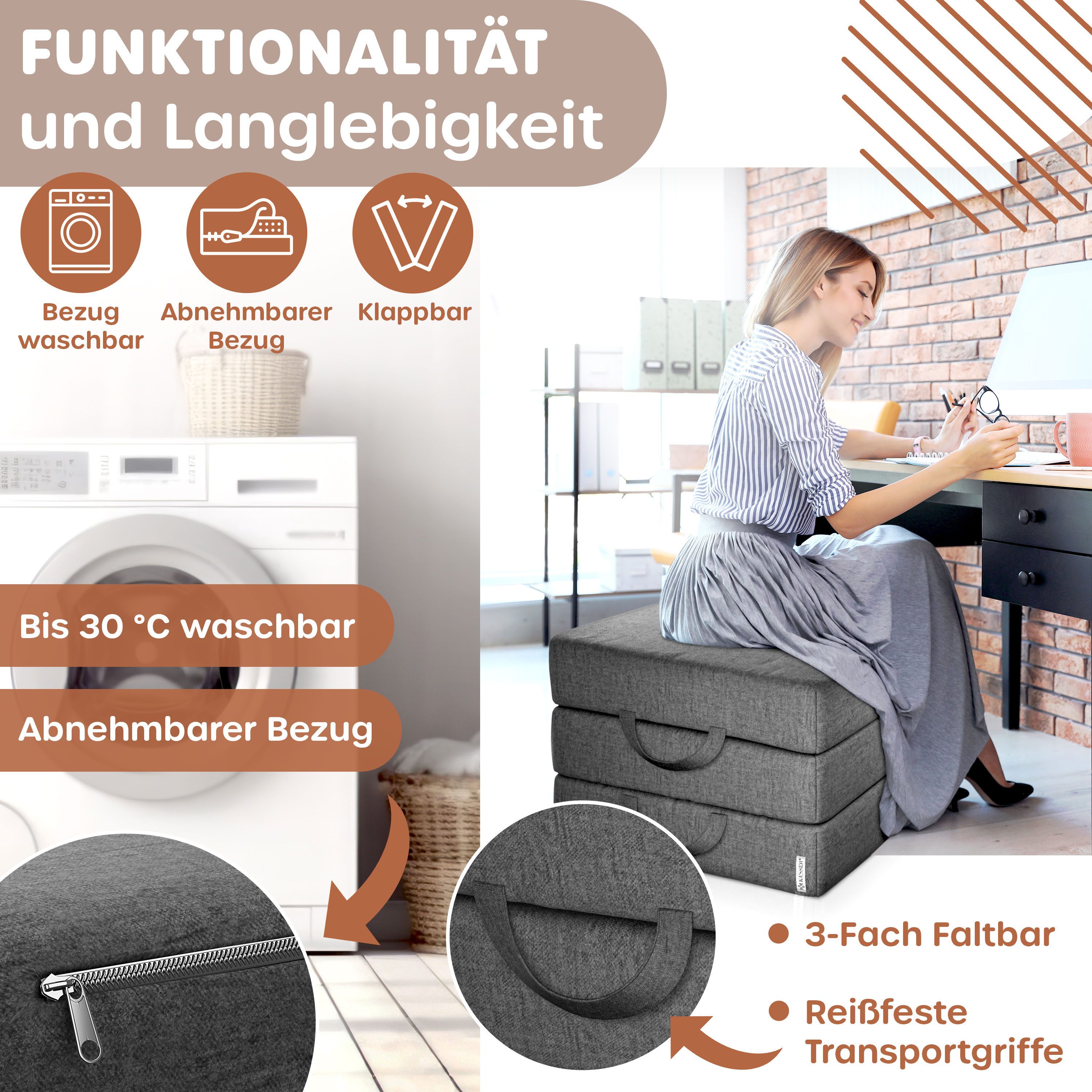 Klappmatratze 15cm hoch Gästematratze 3-fach faltbar zum Sitzhocker, KESSER, (bis zu 30 °C waschbarer abnehmbarer Bezug, Schaumstoff 25kg/m), Faltmatratze Inkl. Wasserabweisende Tragetasche