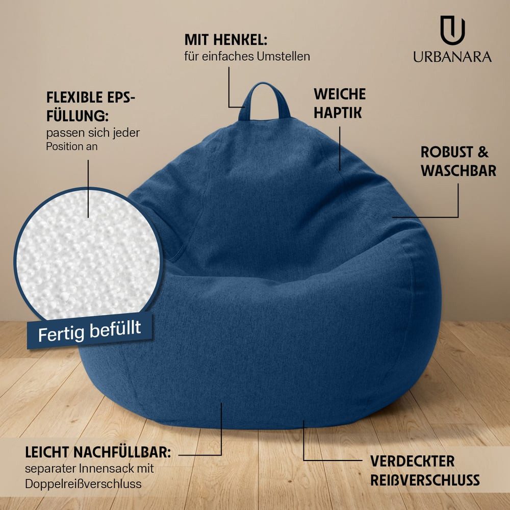 Urbanara Sitzsack Indoor Sitzsack Round M 120 l - XXL Sofa Sessel, ideal zum Pouf Hocker, EPS Perlen Bean Bag Sitzkissen mit Füllung, Lounge Bodensofa waschbar – Bild 2 von 5