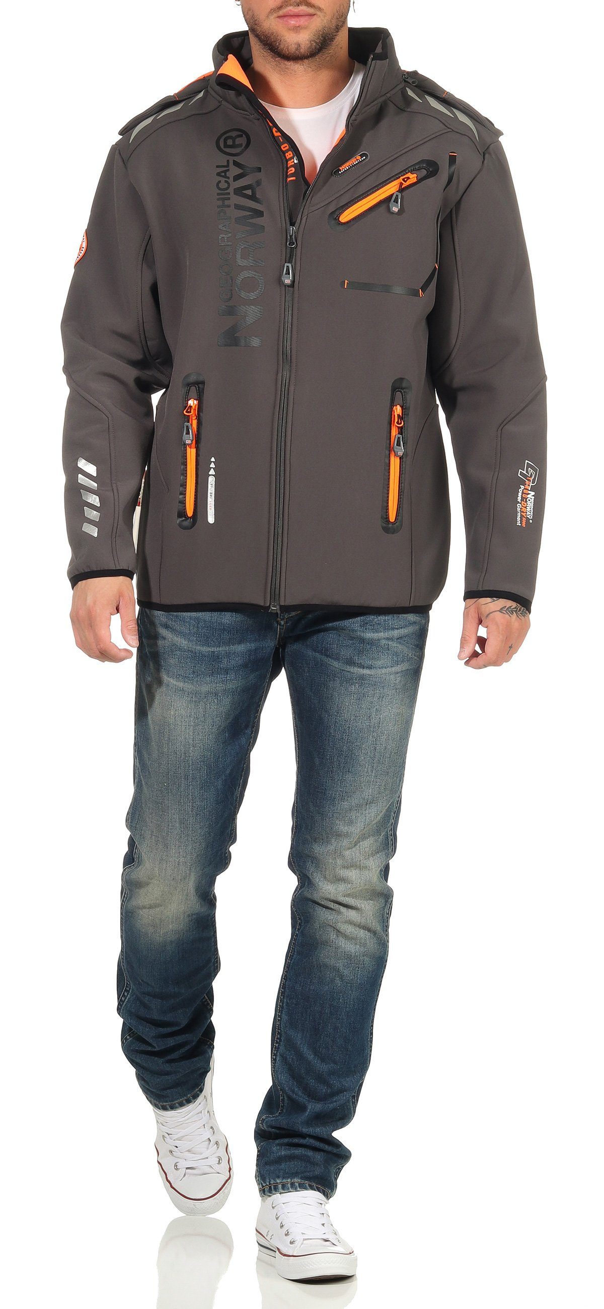 Geographical Norway Softshelljacke Herren Softshell Sport Outdoor Wander Trekking Jacke in Unifarbe, mit abnehmbarer Kapuze, mit Stehkragen