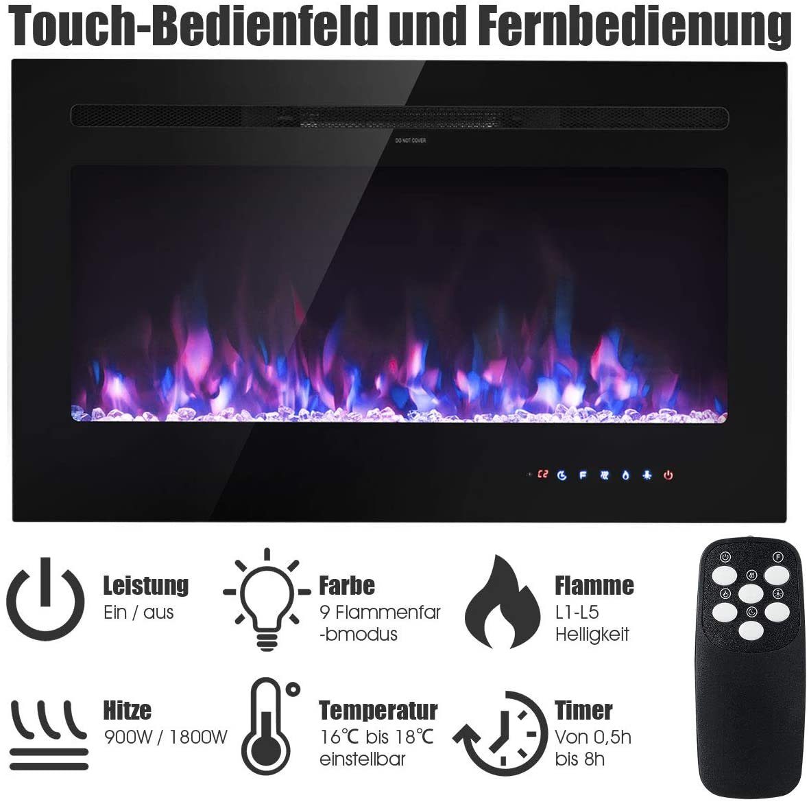 900W/1800W, COSTWAY Heizfunktion ℃, Elektrokamin, Flammeneffekt, 6-28 Timer